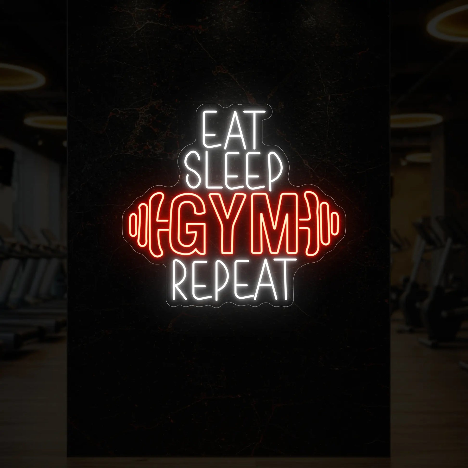 MANGER DORMIR SALLE DE SPORT RÉPÉTER avec enseigne lumineuse en forme d'haltère