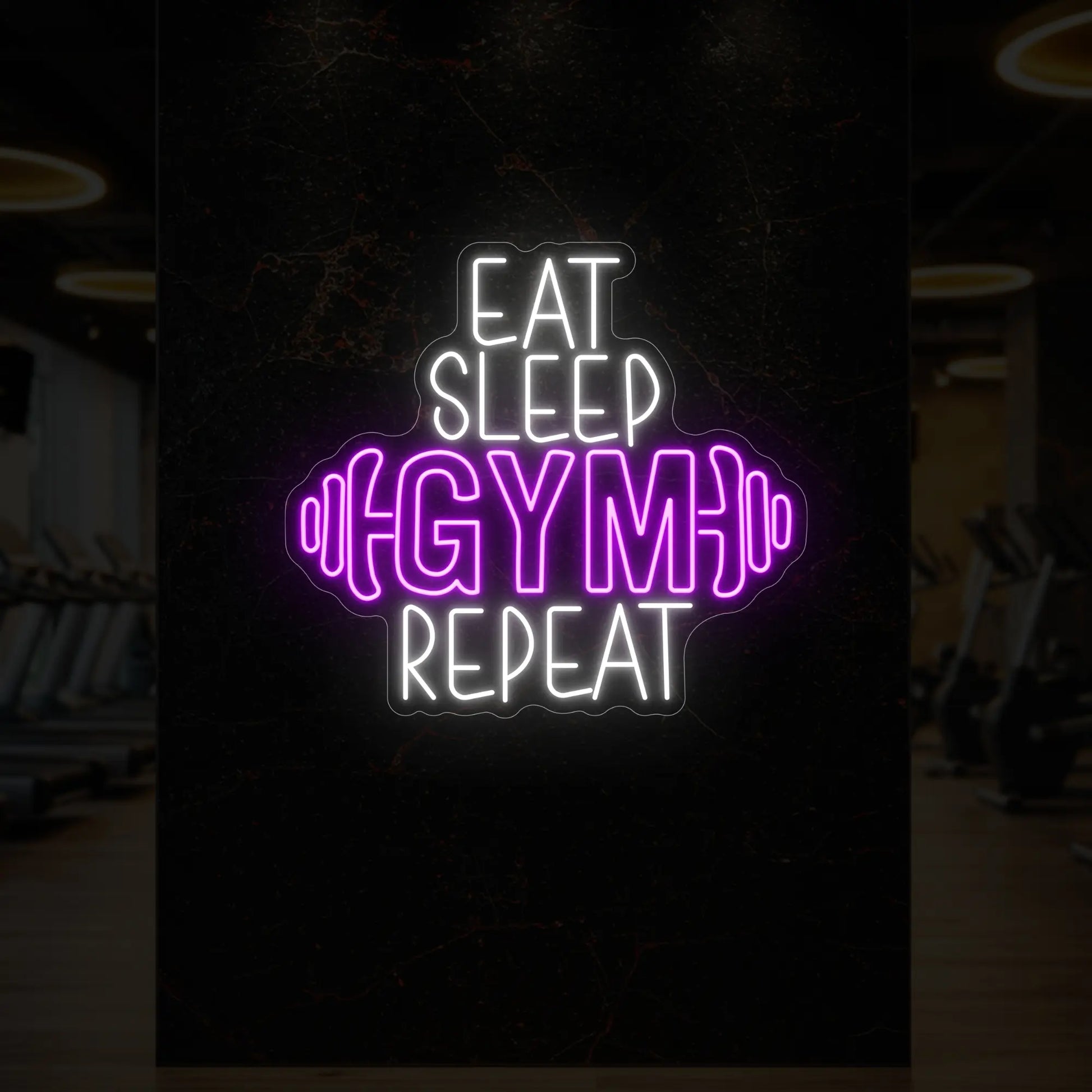 MANGER DORMIR SALLE DE SPORT RÉPÉTER avec enseigne lumineuse en forme d'haltère