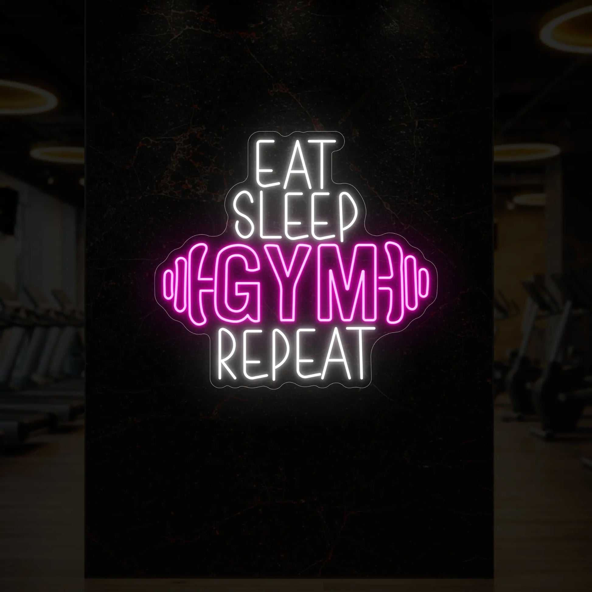 MANGER DORMIR SALLE DE SPORT RÉPÉTER avec enseigne lumineuse en forme d'haltère