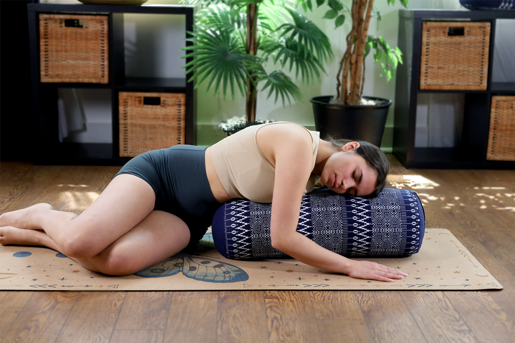 Round Yoga Bolster | Natural & Organic | Navy Print