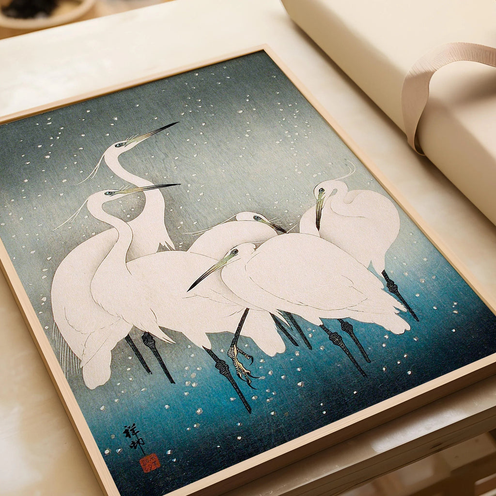 Aigrettes dans la neige, estampe giclée : Ohara Koson, gravure sur bois japonaise