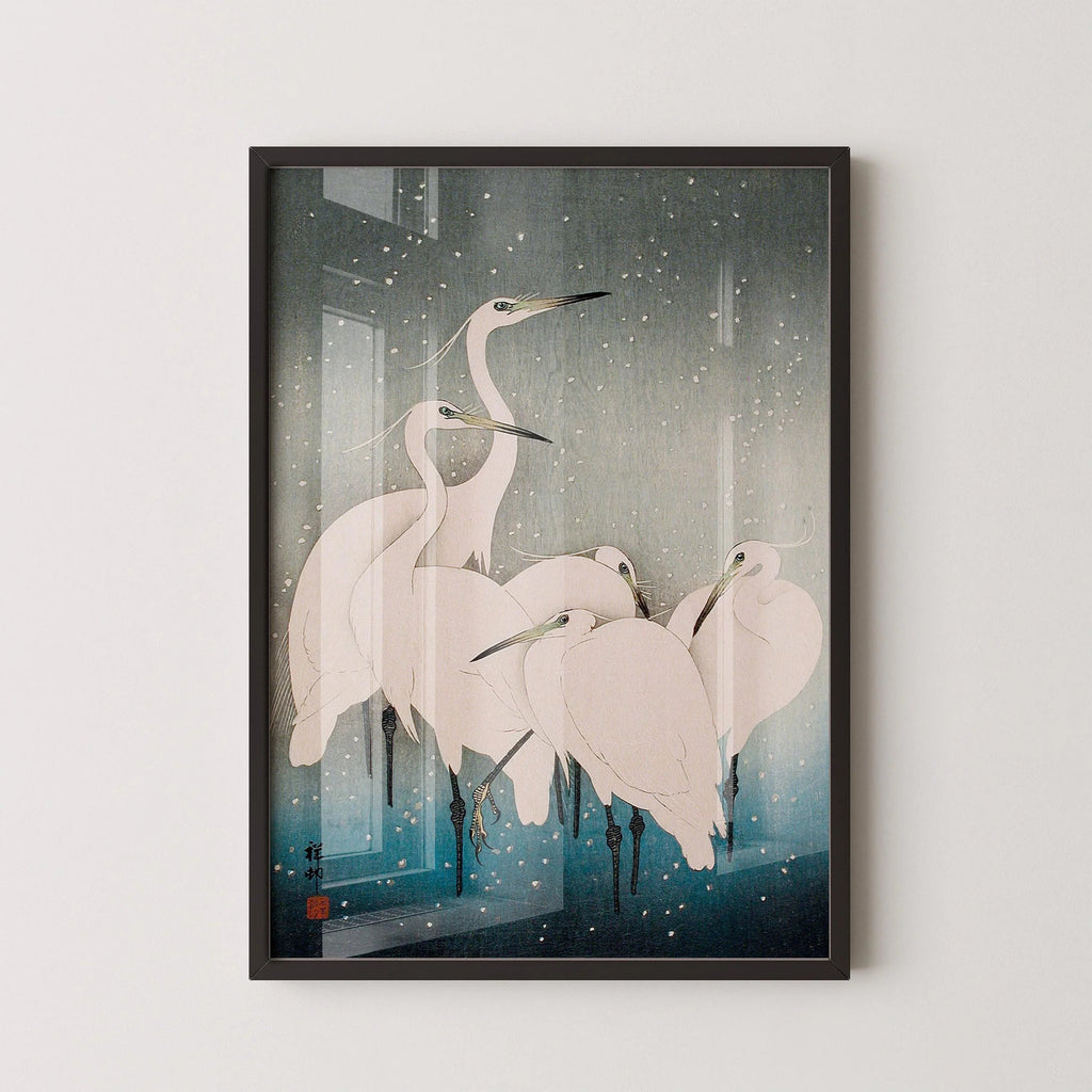 Aigrettes dans la neige, estampe giclée : Ohara Koson, gravure sur bois japonaise