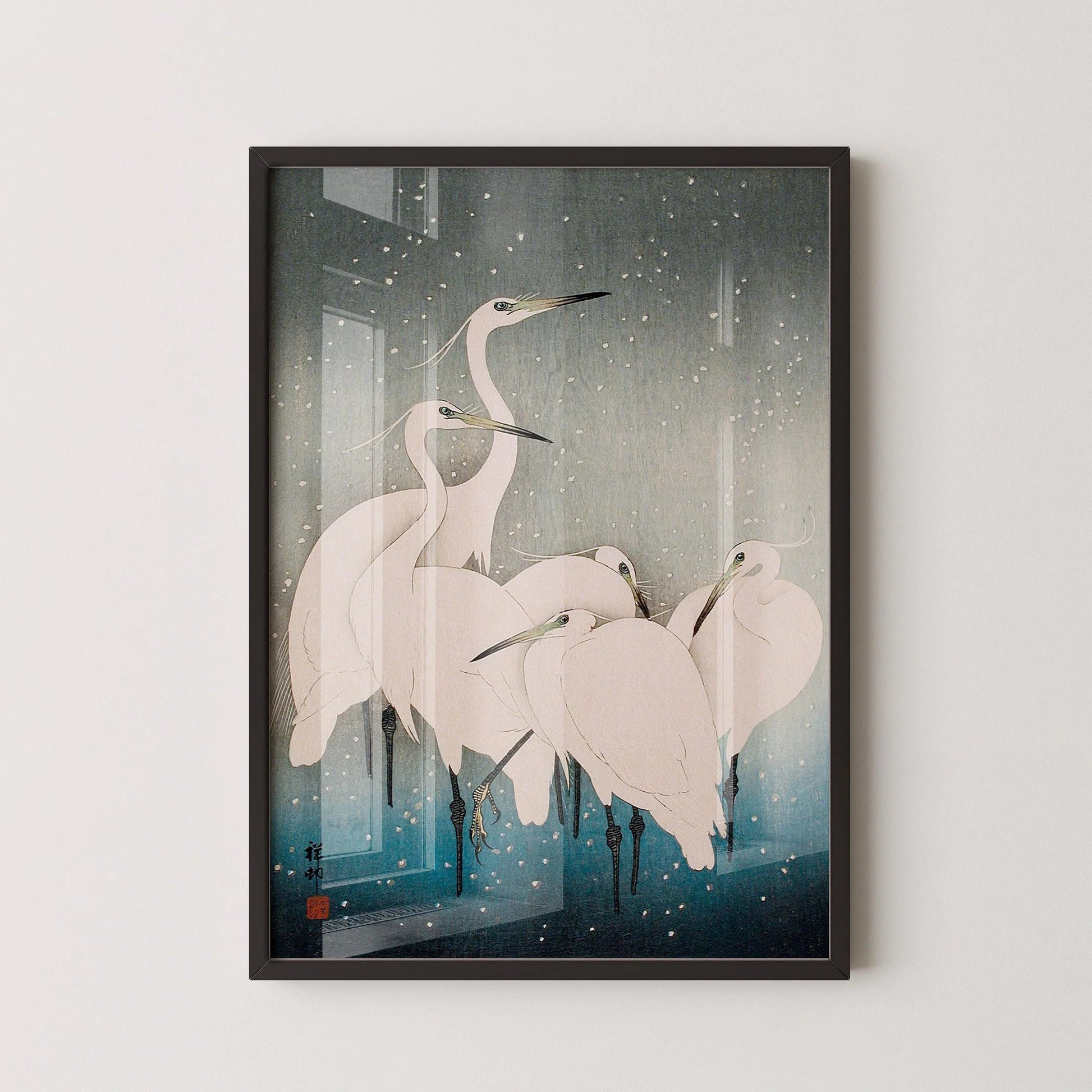 Aigrettes dans la neige, estampe giclée : Ohara Koson, gravure sur bois japonaise