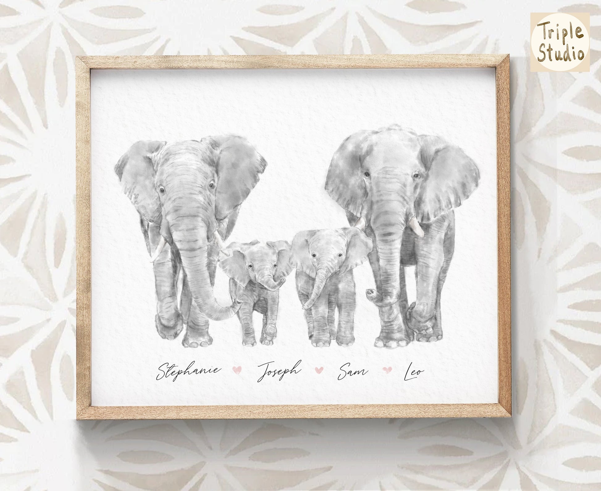 Elephant Family Portrait Print with Personalized Names