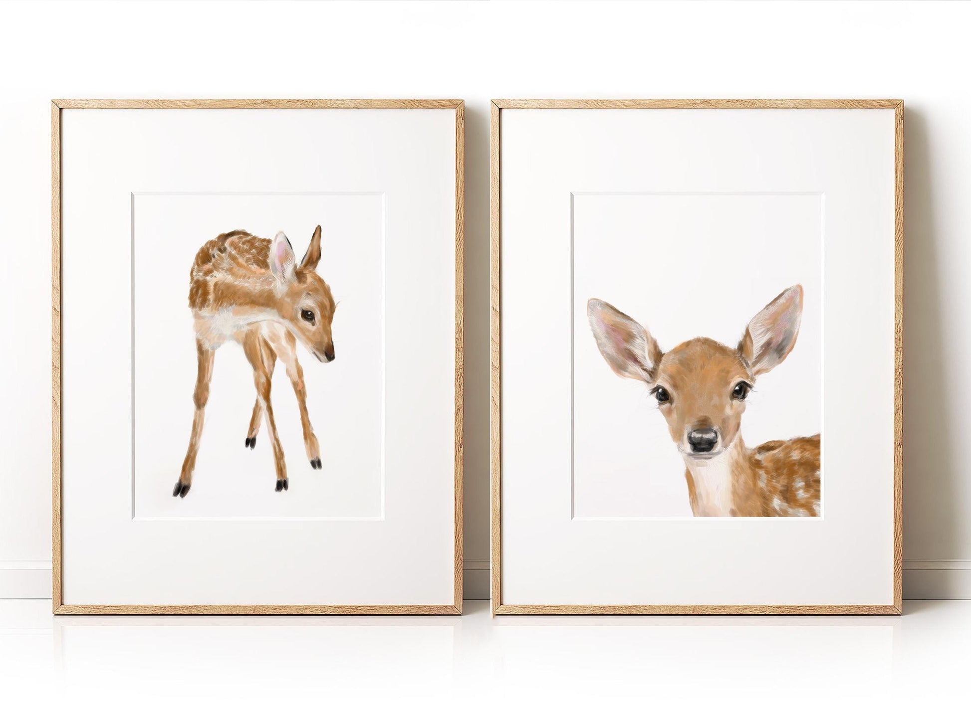 Tableau Faon Bébé, Décoration Chambre Bébé Bambi, Animaux de la Forêt Mignons, Style Bohème Minimaliste, Peinture Forêt Neutre pour Chambre