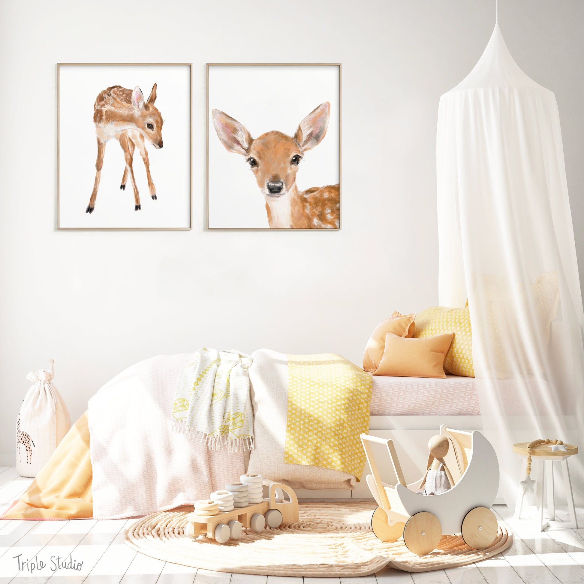 Tableau Faon Bébé, Décoration Chambre Bébé Bambi, Animaux de la Forêt Mignons, Style Bohème Minimaliste, Peinture Forêt Neutre pour Chambre