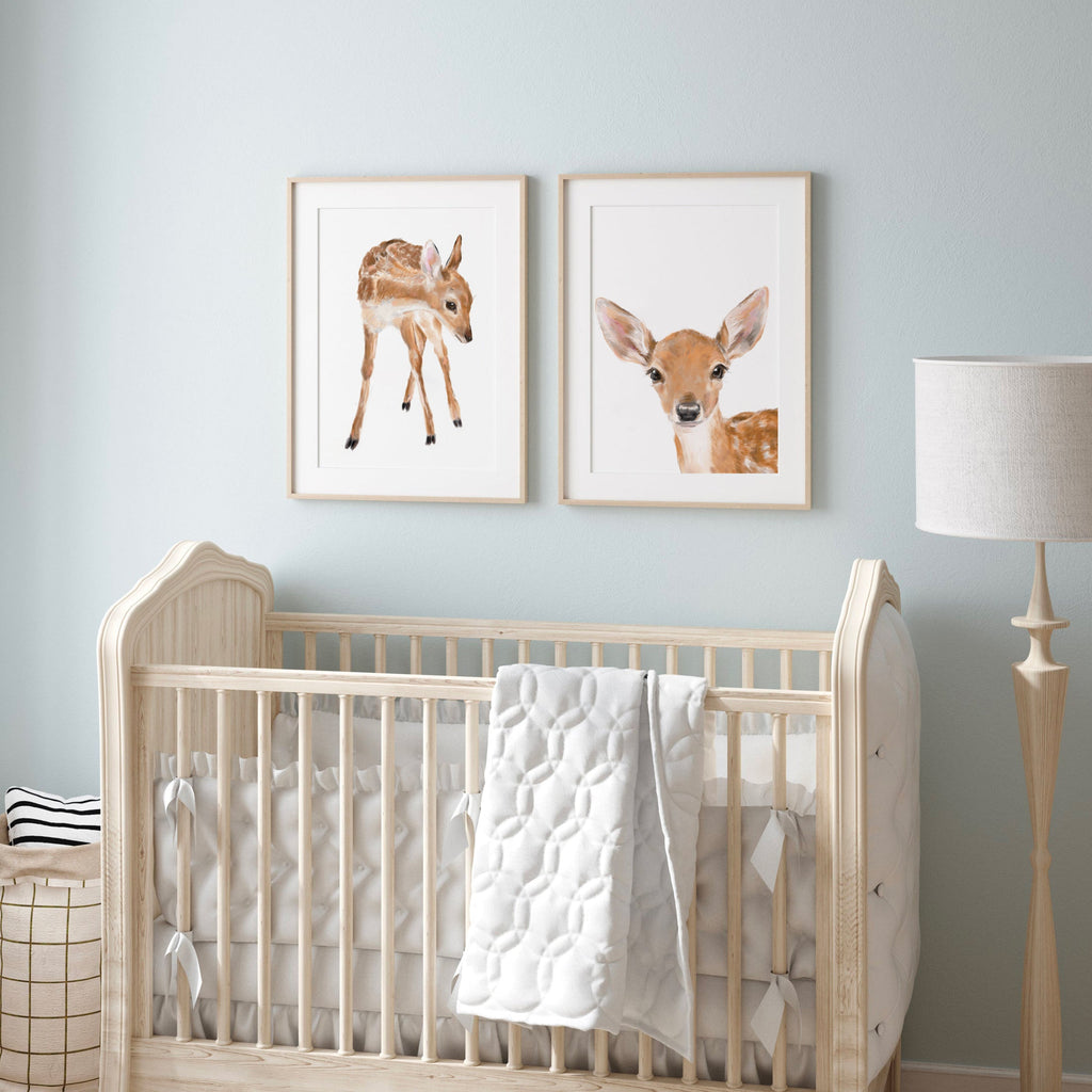 Tableau Faon Bébé, Décoration Chambre Bébé Bambi, Animaux de la Forêt Mignons, Style Bohème Minimaliste, Peinture Forêt Neutre pour Chambre