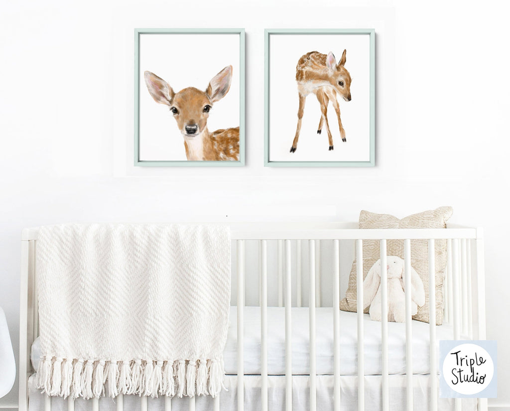 Tableau Faon Bébé, Décoration Chambre Bébé Bambi, Animaux de la Forêt Mignons, Style Bohème Minimaliste, Peinture Forêt Neutre pour Chambre