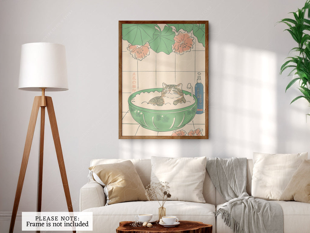 Japanese Cat Bubble Bath Print – Japandi Zen Wall Art Poster