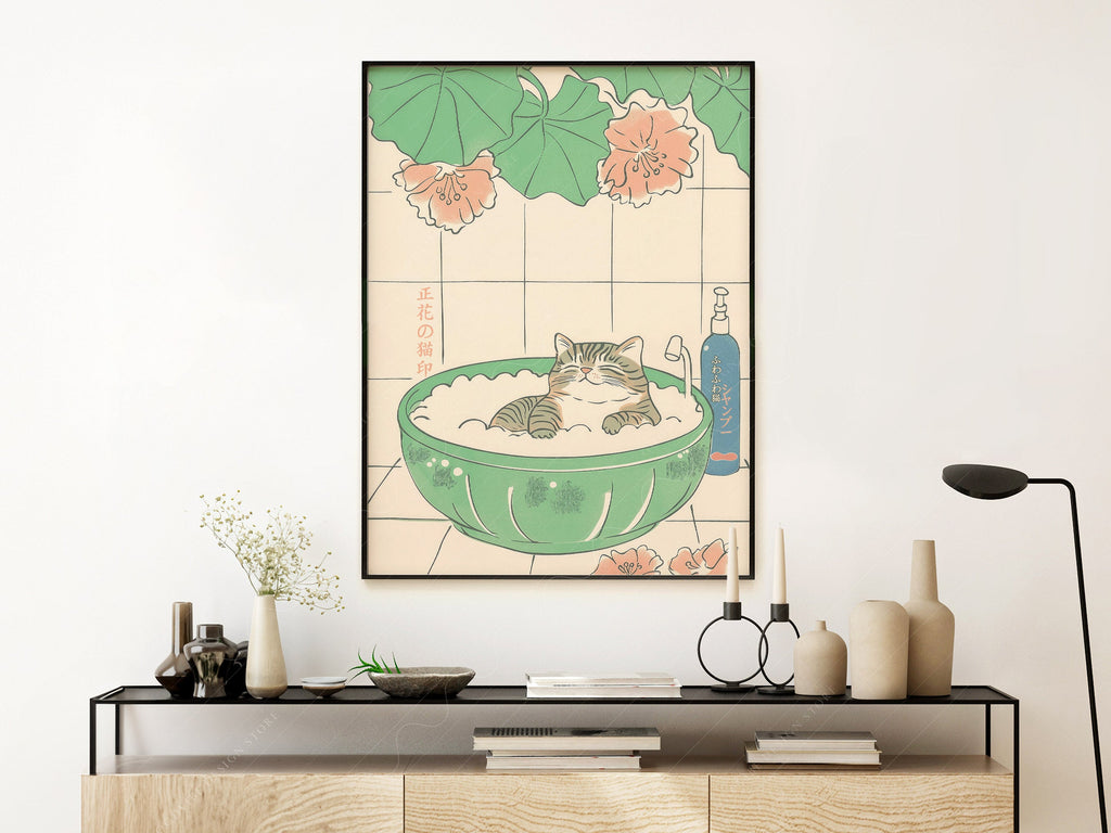 Japanese Cat Bubble Bath Print – Japandi Zen Wall Art Poster