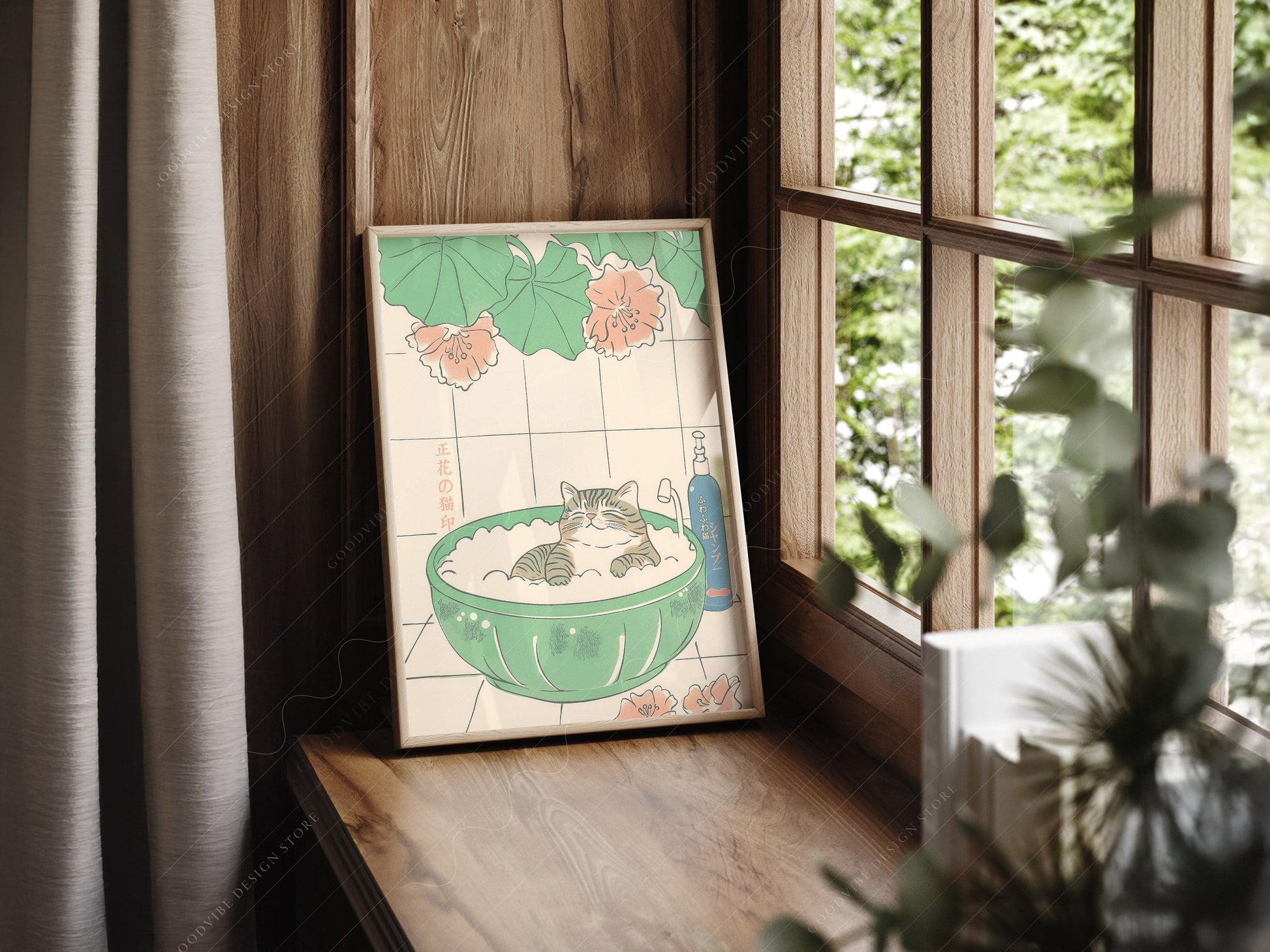 Japanese Cat Bubble Bath Print – Japandi Zen Wall Art Poster