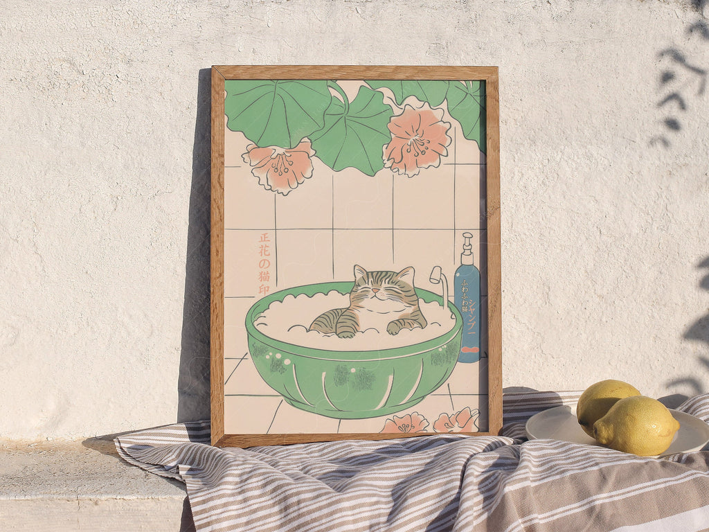 Japanese Cat Bubble Bath Print – Japandi Zen Wall Art Poster