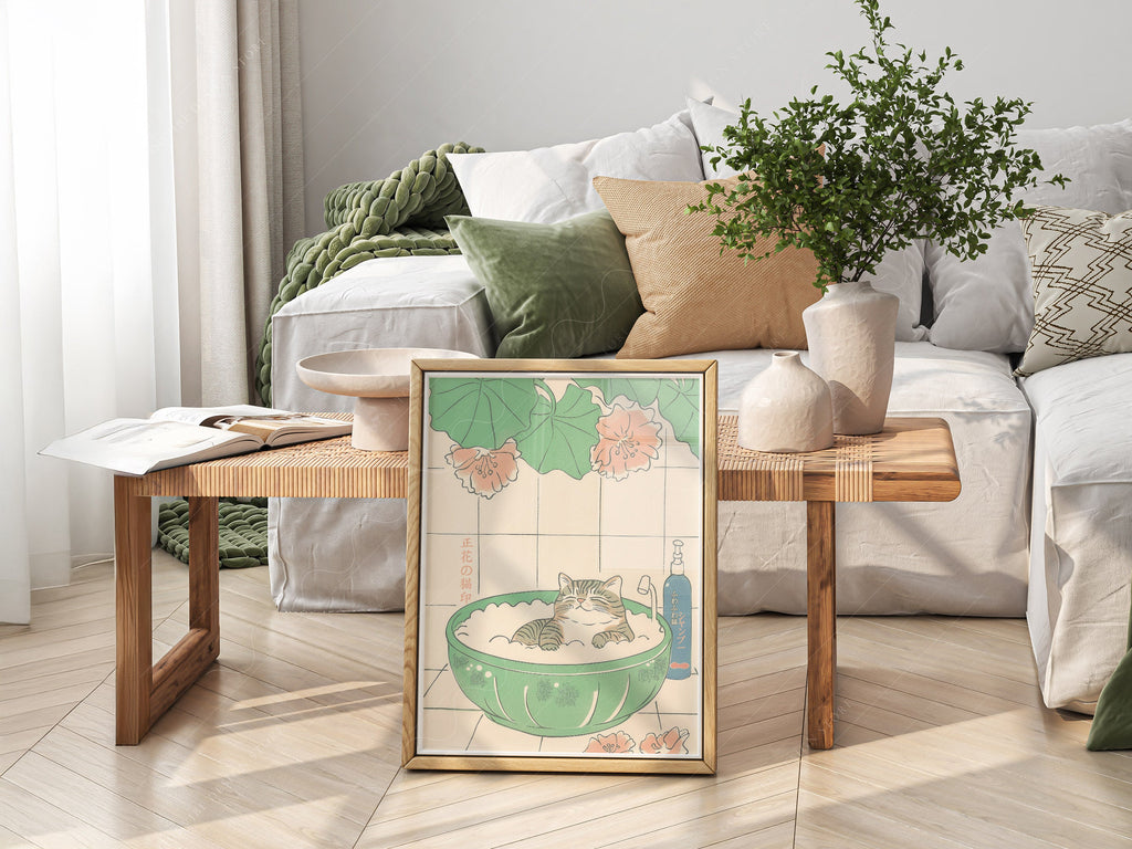 Japanese Cat Bubble Bath Print – Japandi Zen Wall Art Poster