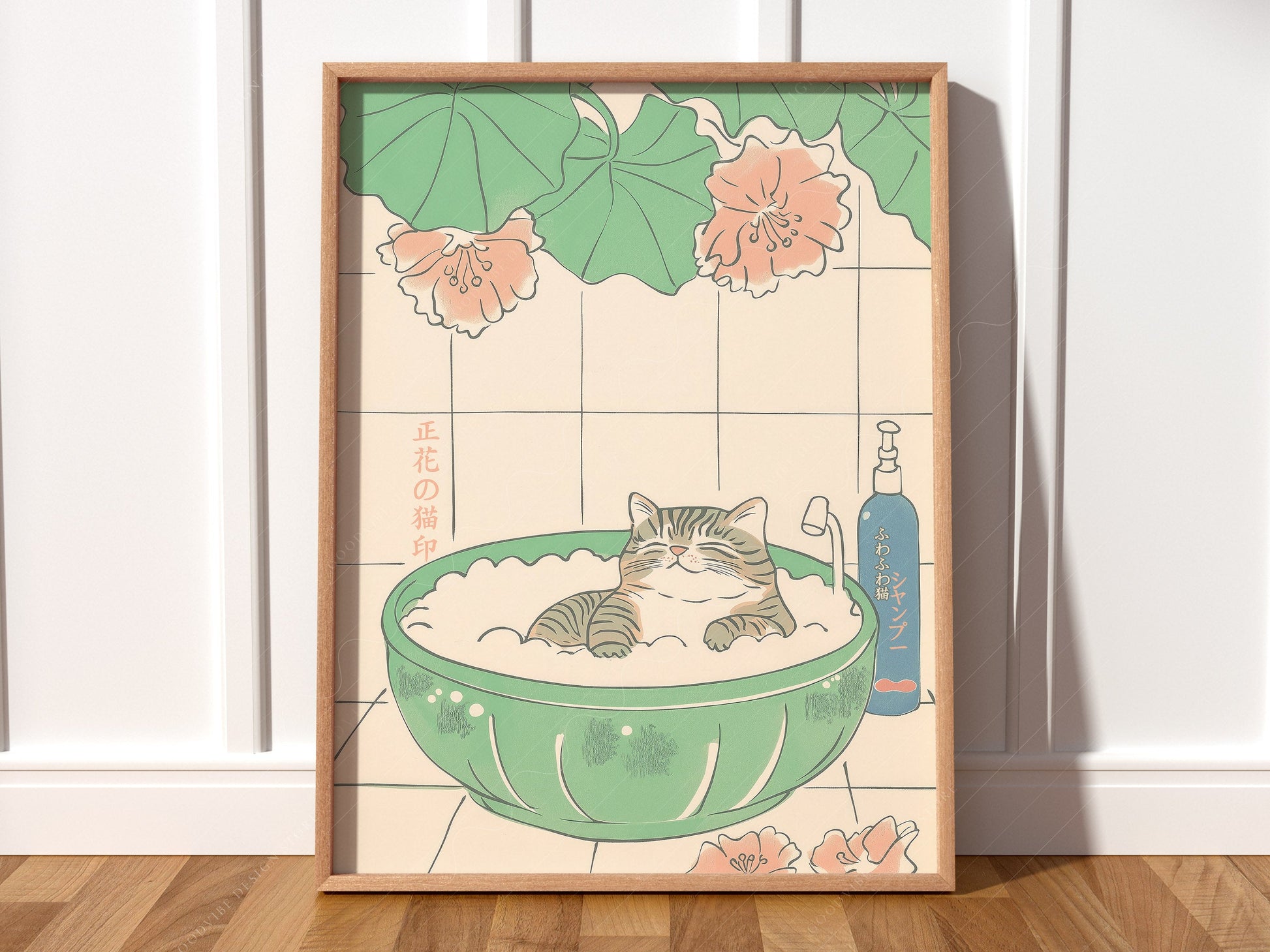 Japanese Cat Bubble Bath Print – Japandi Zen Wall Art Poster