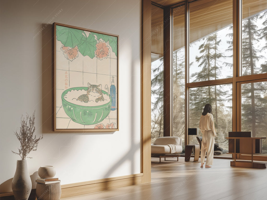 Japanese Cat Bubble Bath Print – Japandi Zen Wall Art Poster