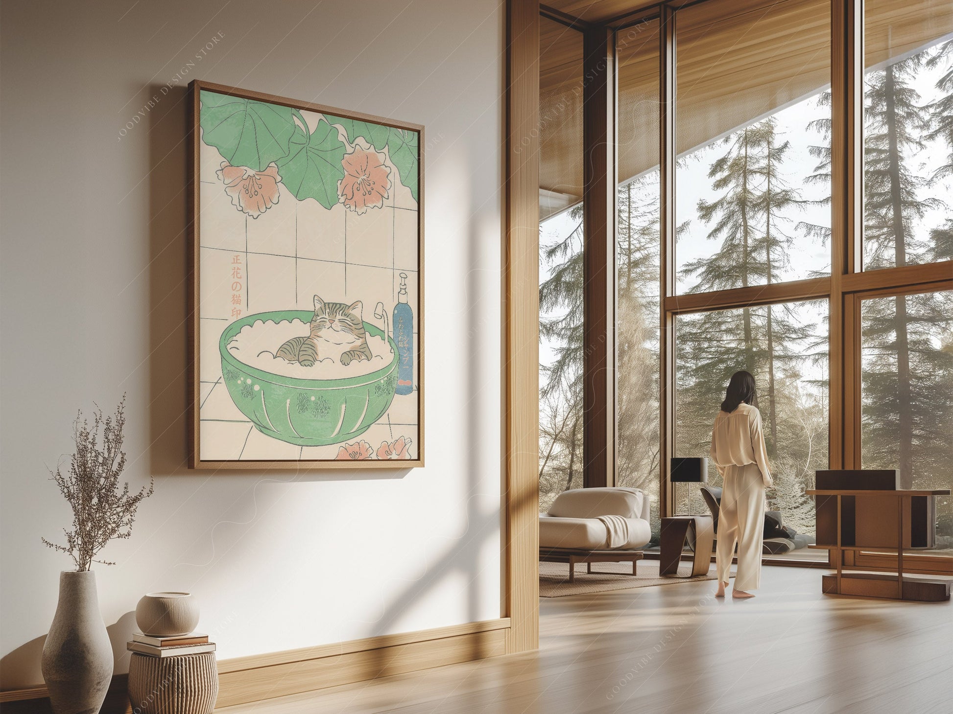 Japanese Cat Bubble Bath Print – Japandi Zen Wall Art Poster