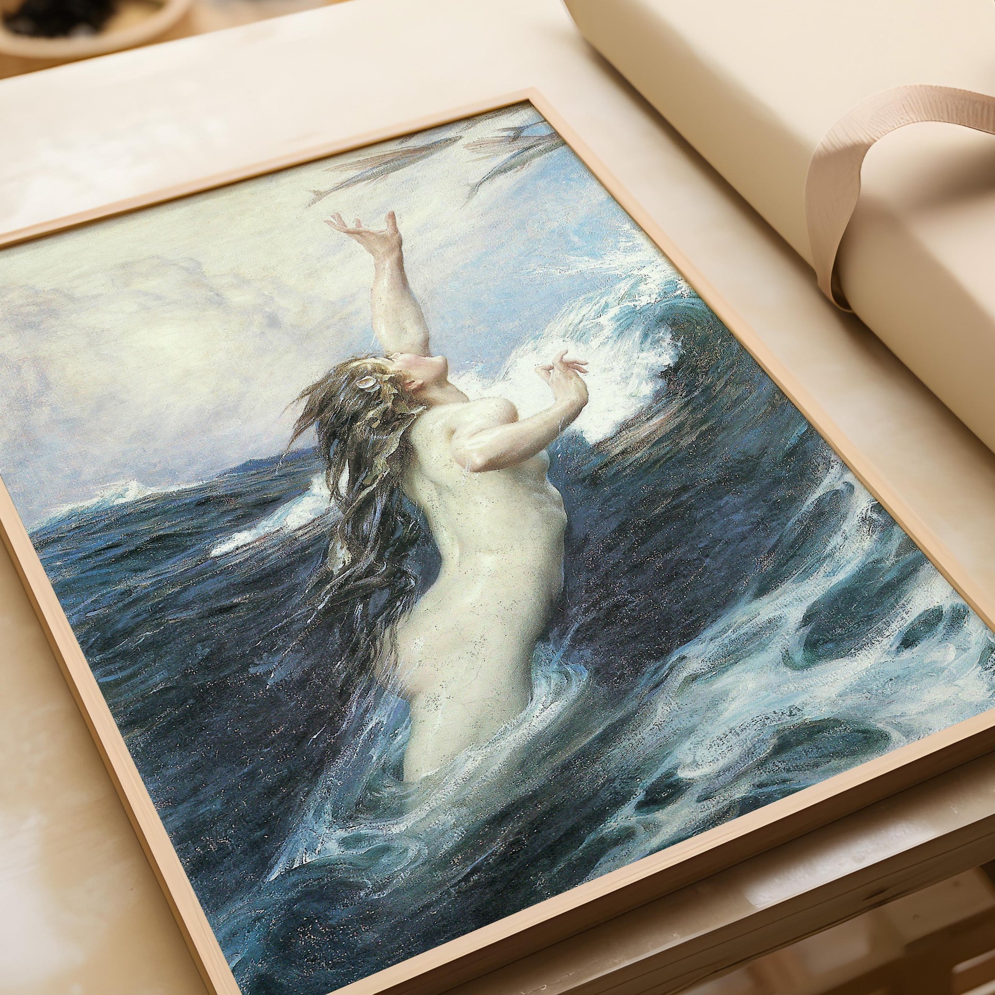Flying Fish - Herbert James Draper | Romantic Ocean Fantasy | Mythological Nude Vintage Sea Goddess Print (available handframed or unframed)