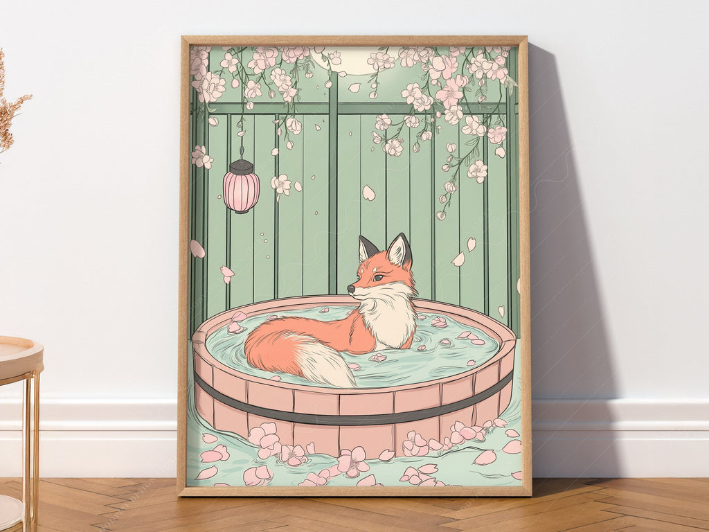 Japanese Fox in Onsen Print – Zen Cherry Blossom Wall Art Poster