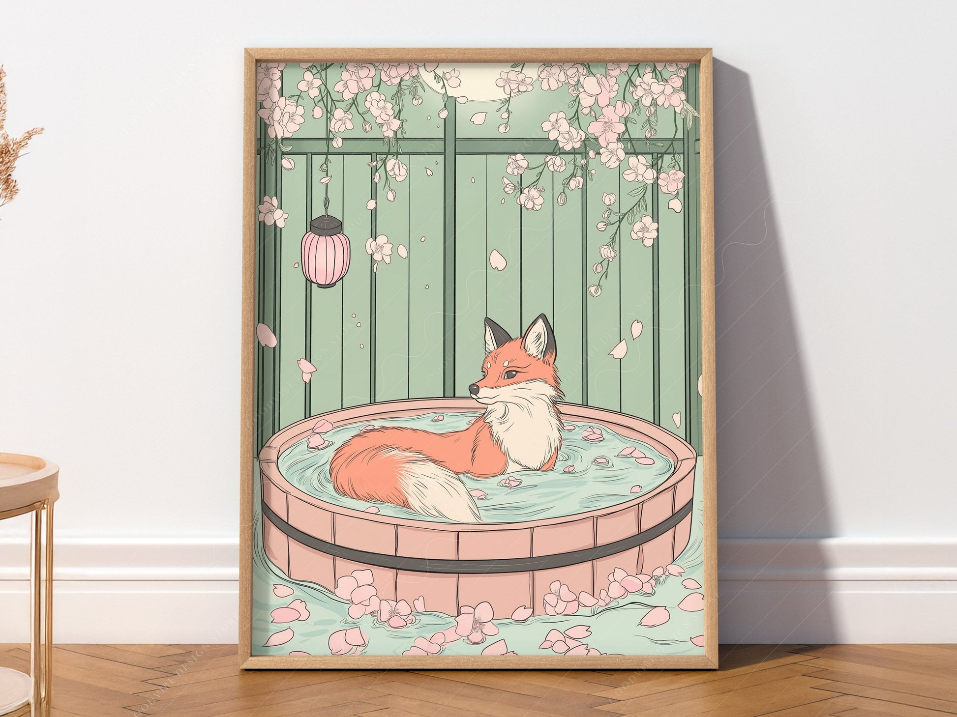 Japanese Fox in Onsen Print – Zen Cherry Blossom Wall Art Poster