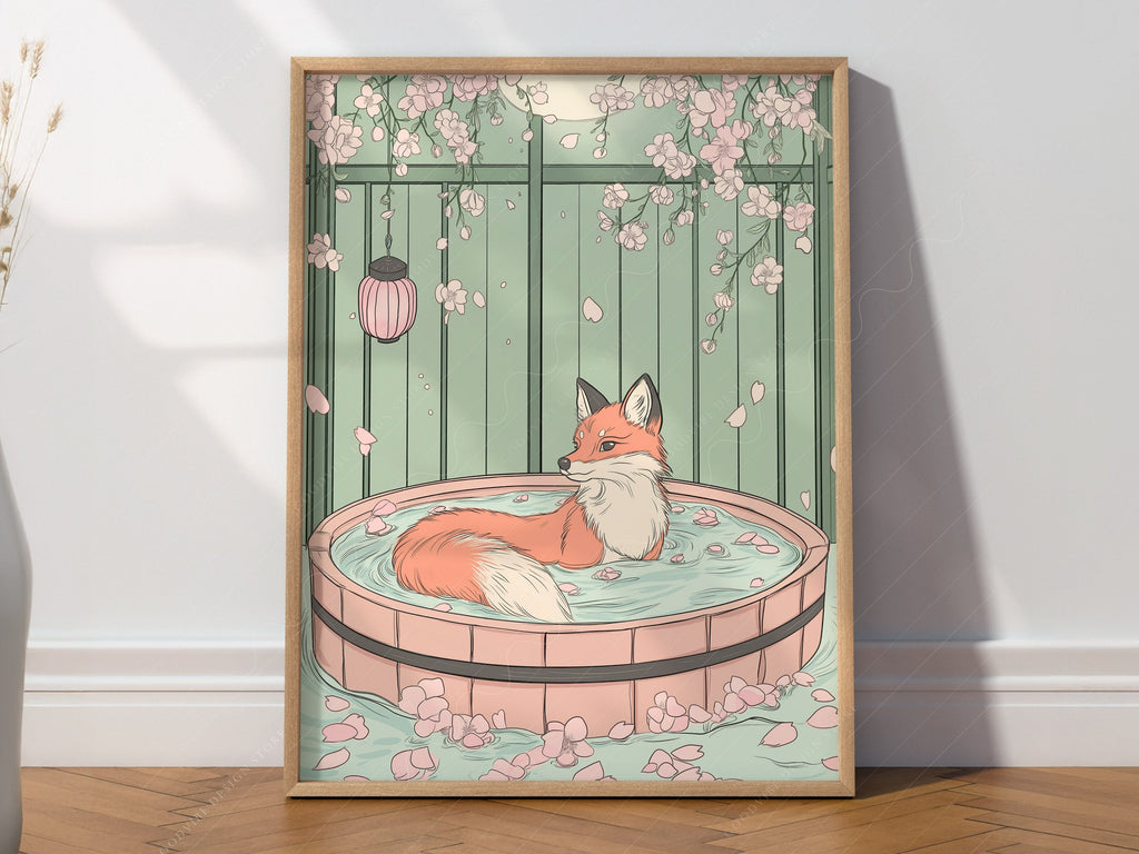 Japanese Fox in Onsen Print – Zen Cherry Blossom Wall Art Poster