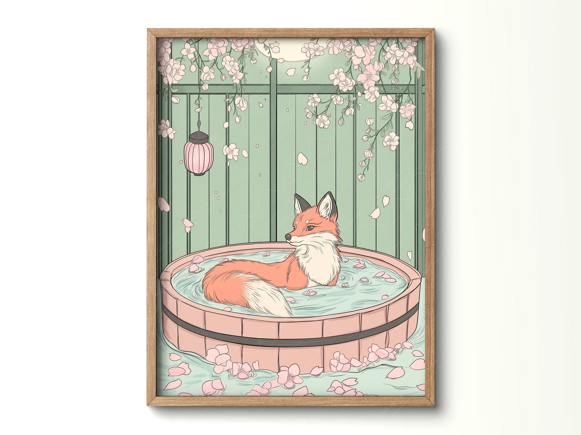 Japanese Fox in Onsen Print – Zen Cherry Blossom Wall Art Poster