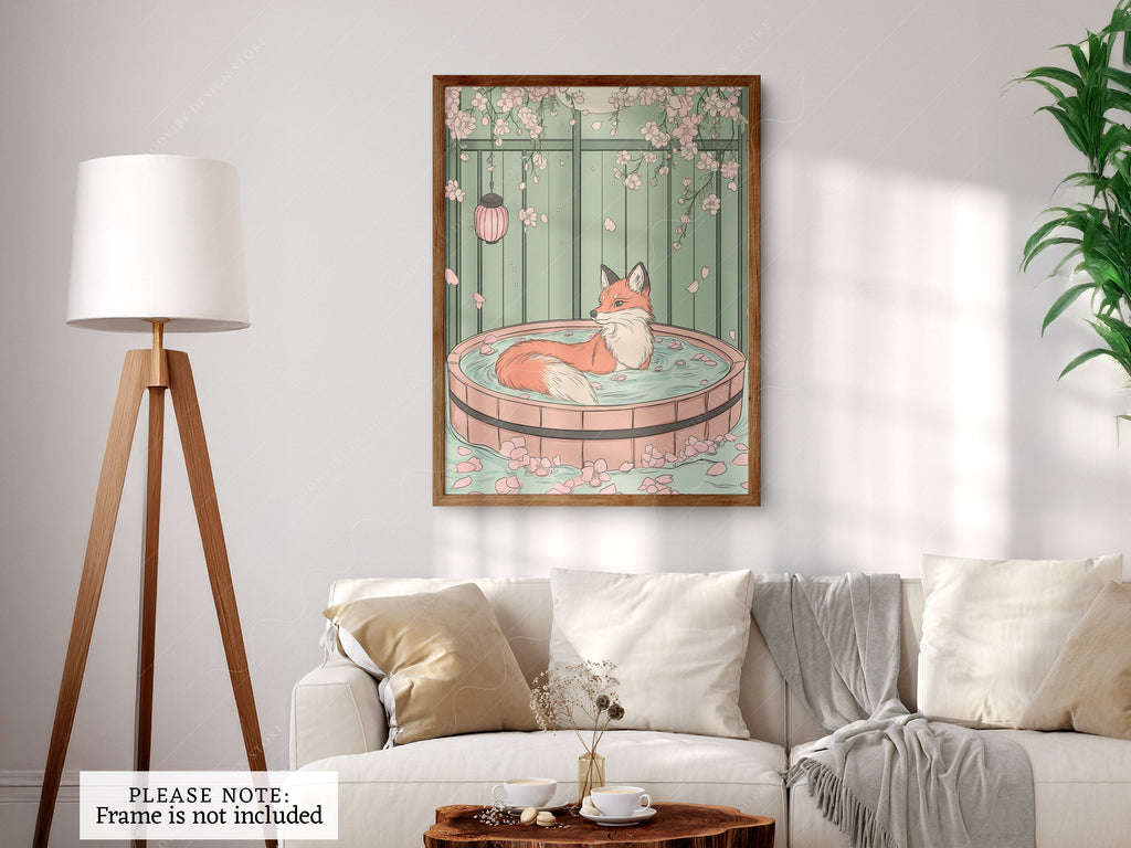 Japanese Fox in Onsen Print – Zen Cherry Blossom Wall Art Poster