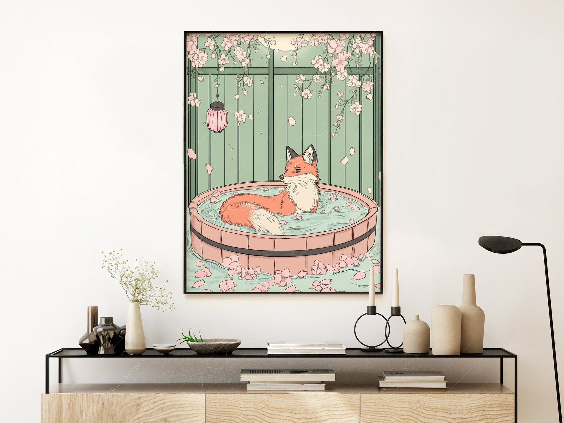 Japanese Fox in Onsen Print – Zen Cherry Blossom Wall Art Poster