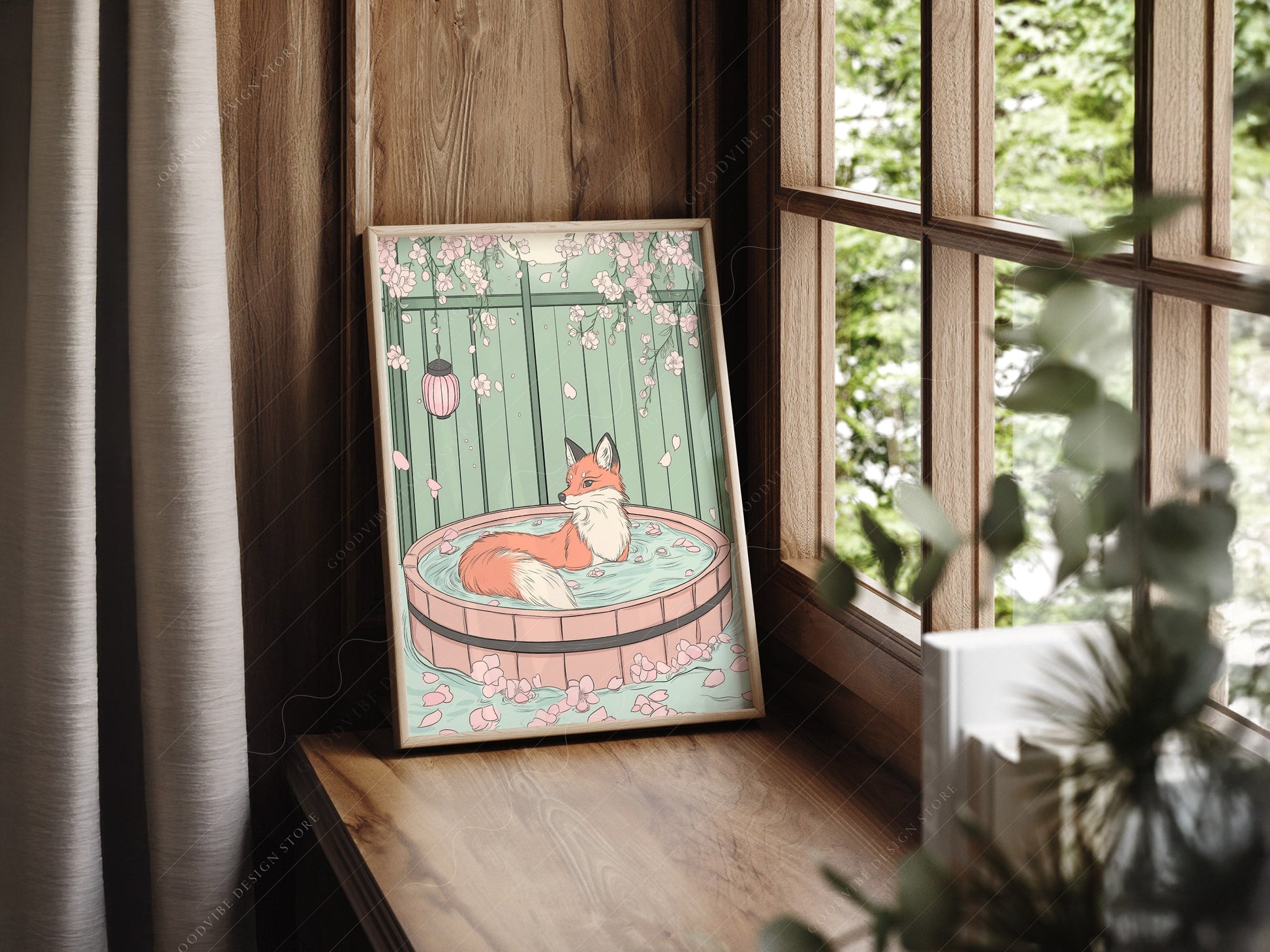Japanese Fox in Onsen Print – Zen Cherry Blossom Wall Art Poster