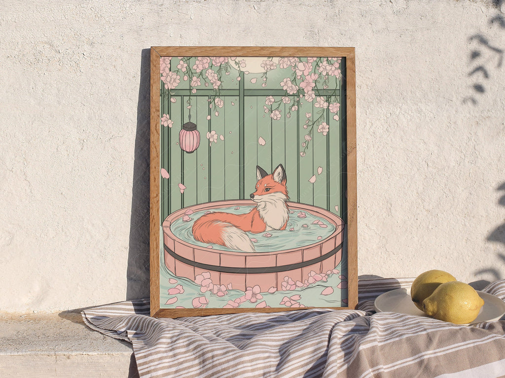 Japanese Fox in Onsen Print – Zen Cherry Blossom Wall Art Poster