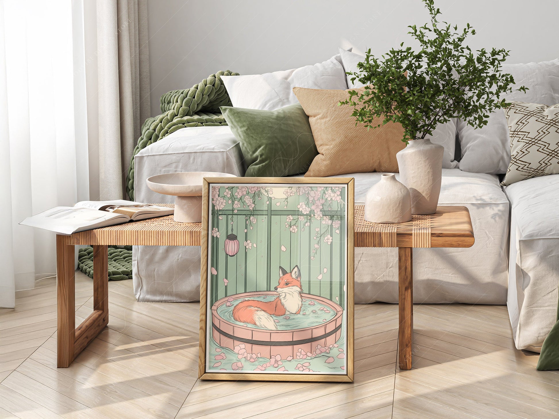 Japanese Fox in Onsen Print – Zen Cherry Blossom Wall Art Poster