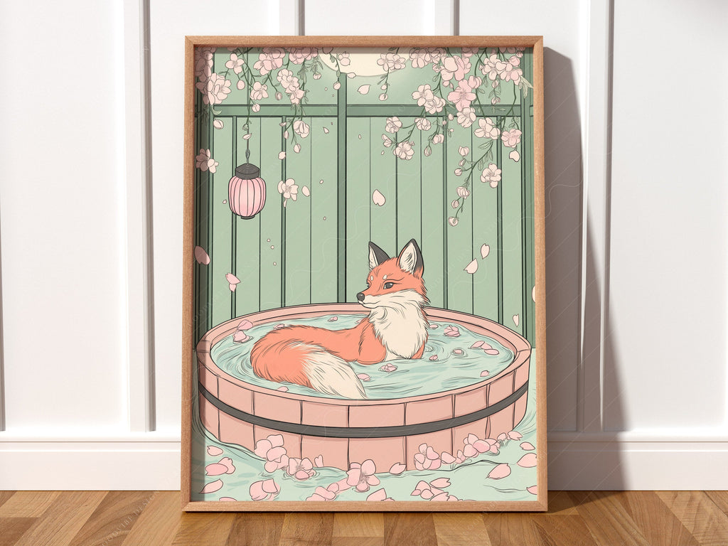 Japanese Fox in Onsen Print – Zen Cherry Blossom Wall Art Poster