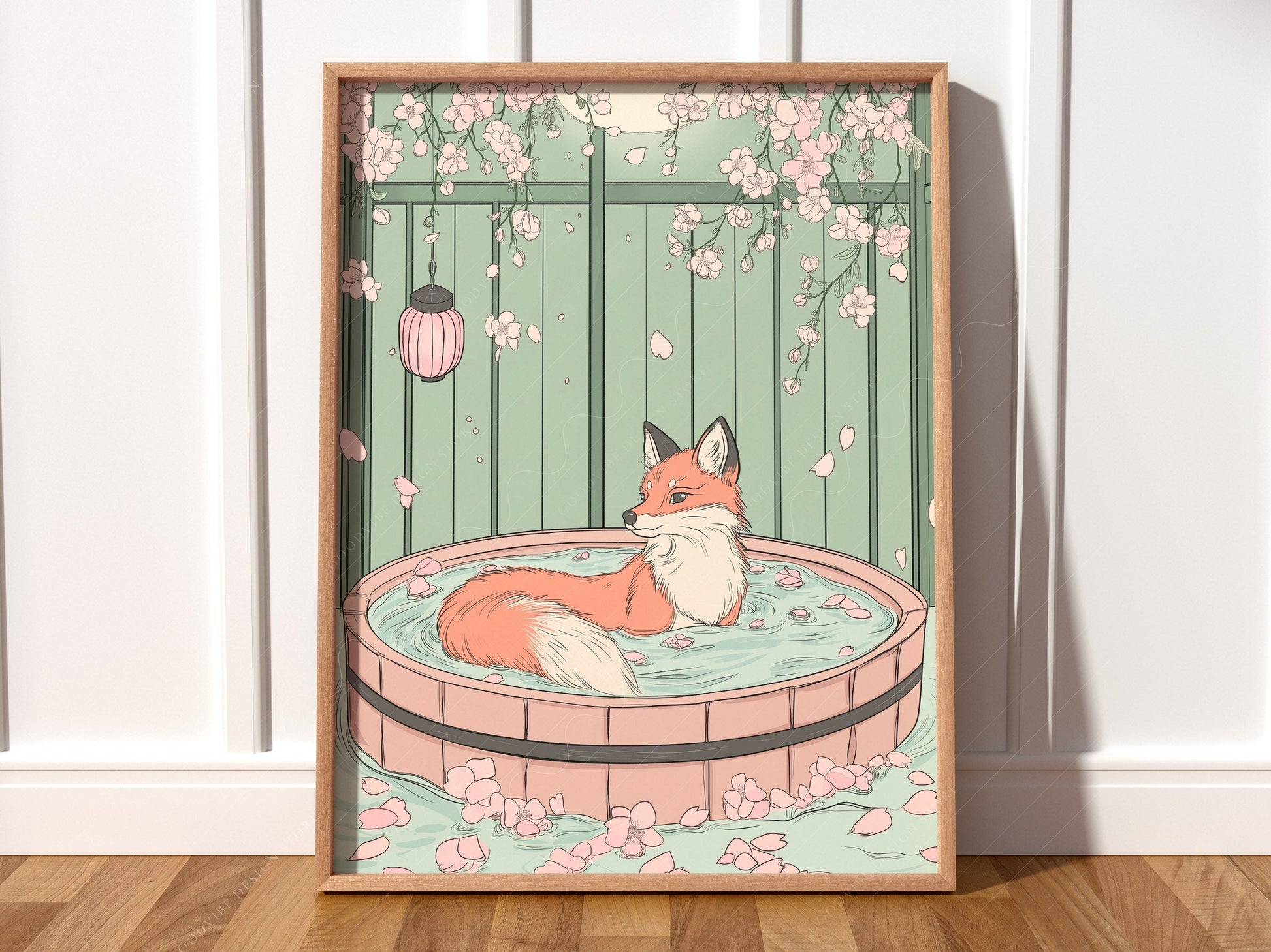 Japanese Fox in Onsen Print – Zen Cherry Blossom Wall Art Poster