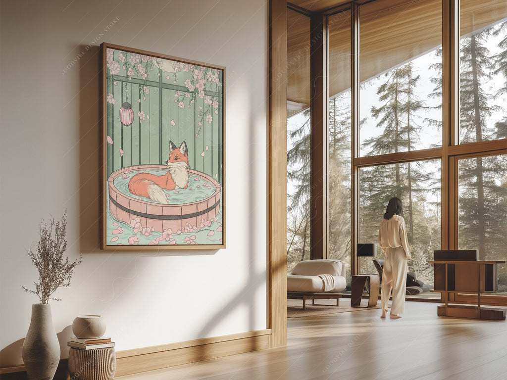 Japanese Fox in Onsen Print – Zen Cherry Blossom Wall Art Poster