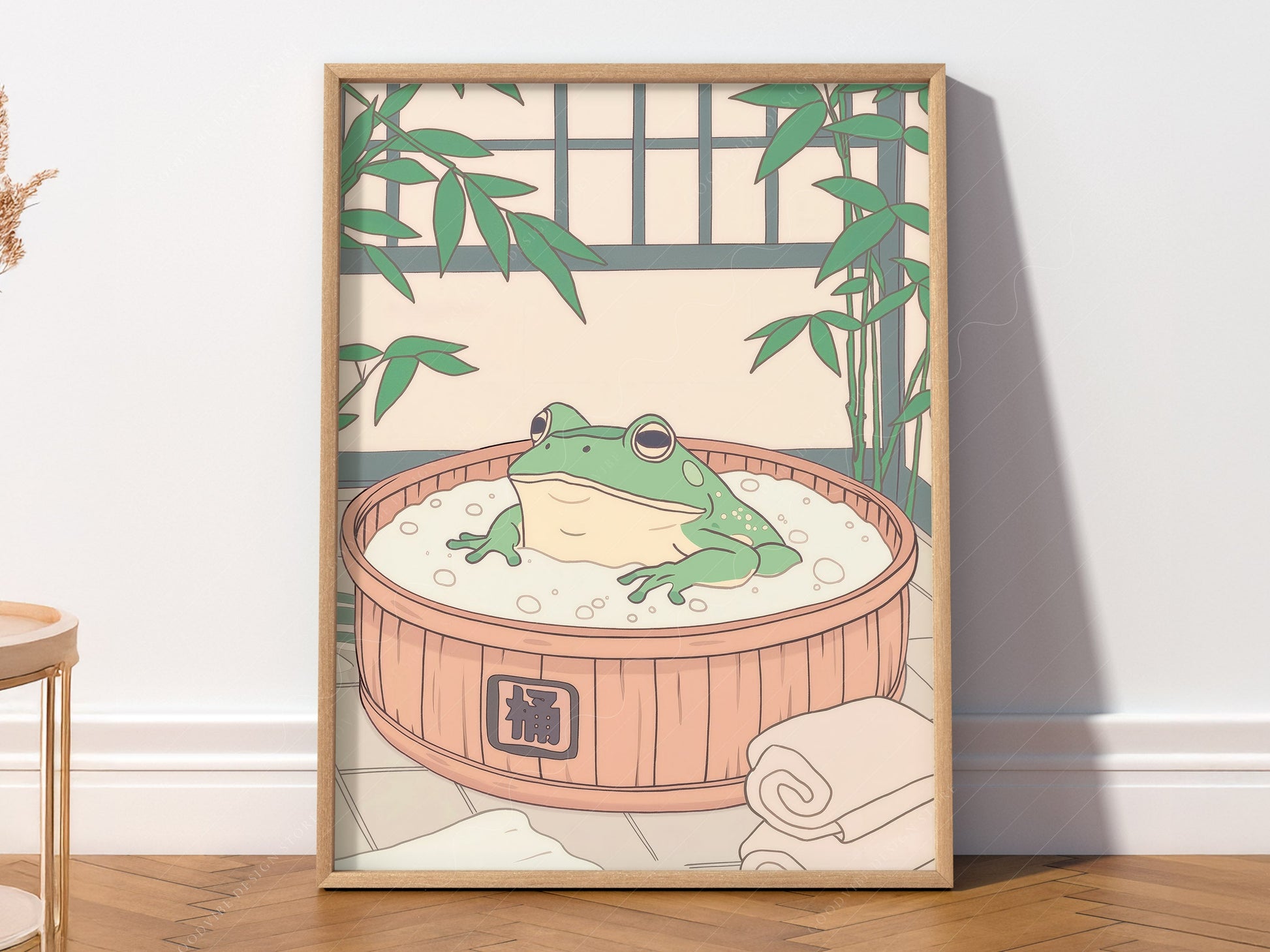Japanese Frog in Wooden Tub Art Print – Zen Bathroom Wall Decor