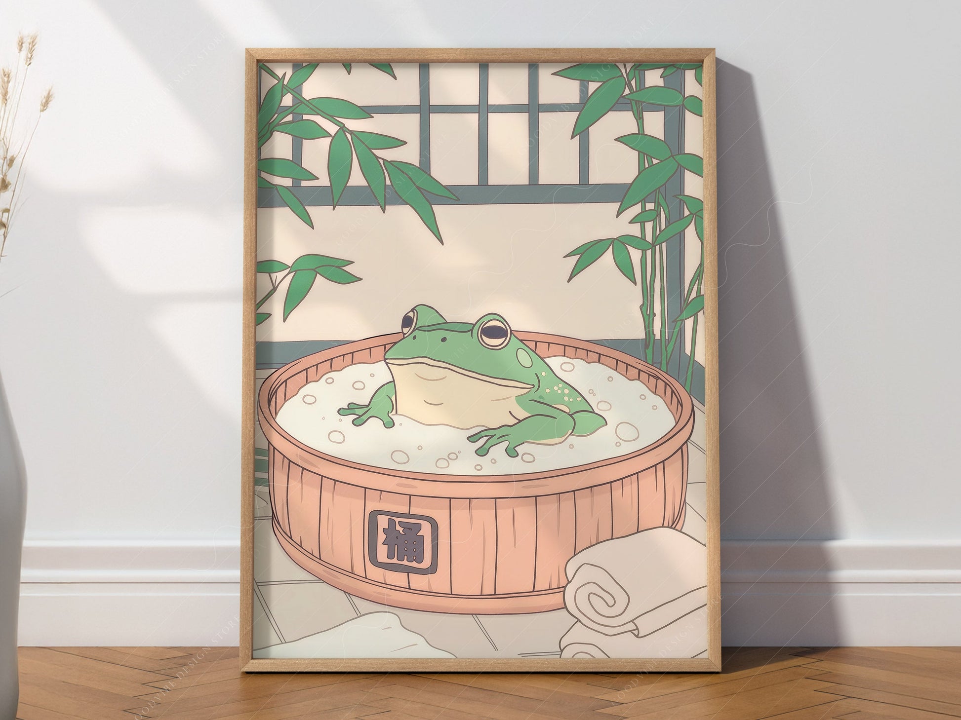 Japanese Frog in Wooden Tub Art Print – Zen Bathroom Wall Decor