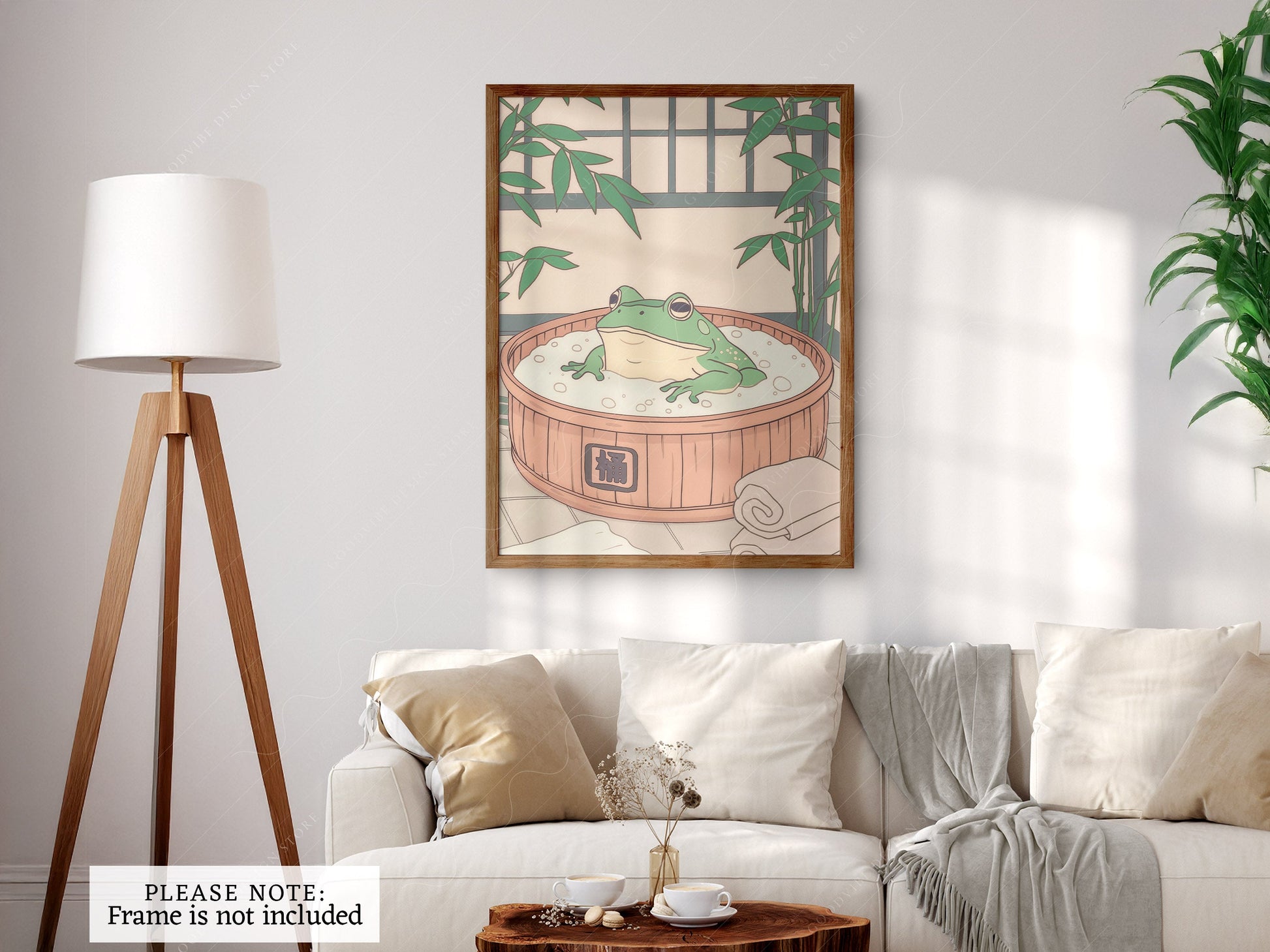 Japanese Frog in Wooden Tub Art Print – Zen Bathroom Wall Decor