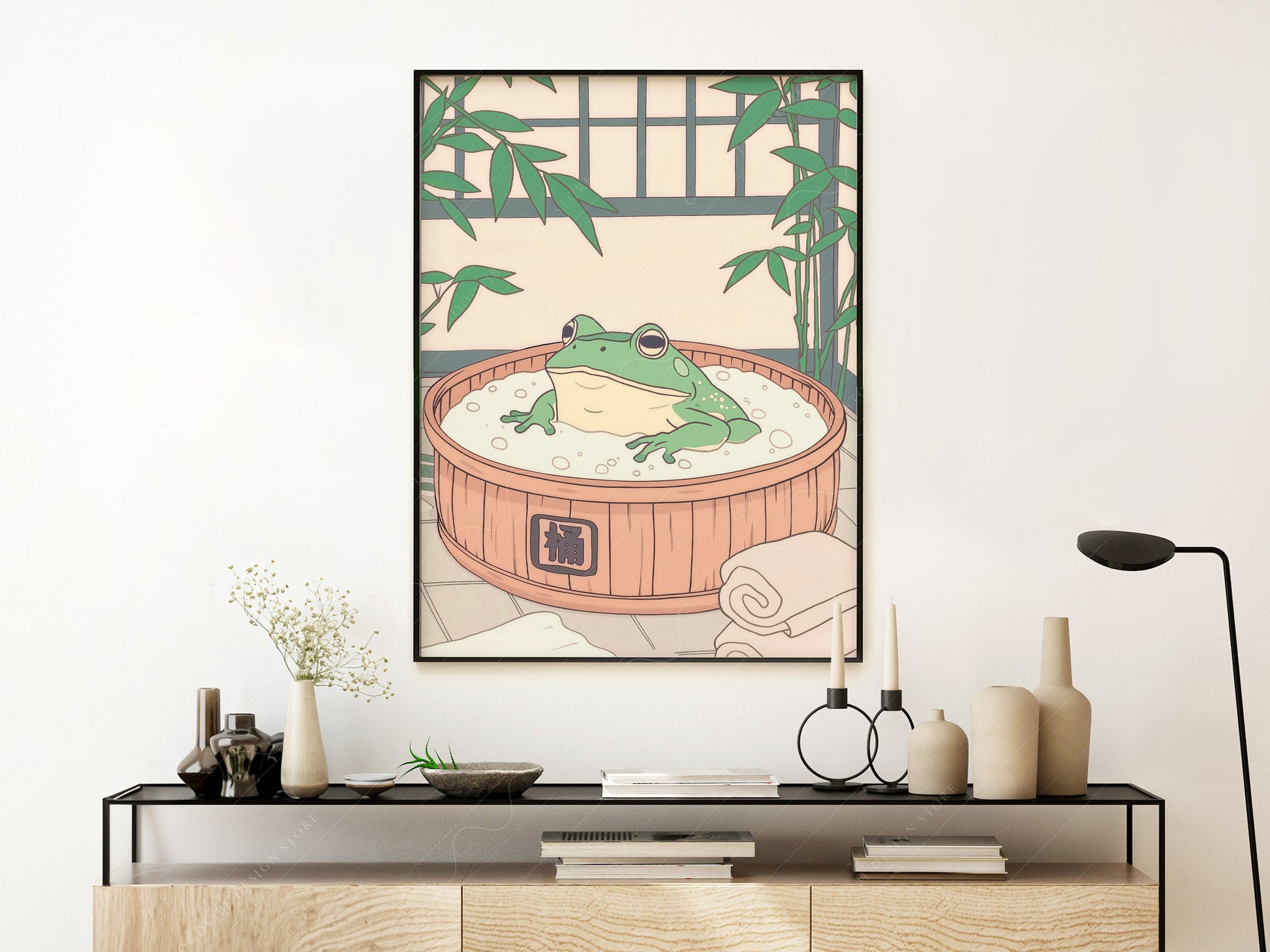 Japanese Frog in Wooden Tub Art Print – Zen Bathroom Wall Decor