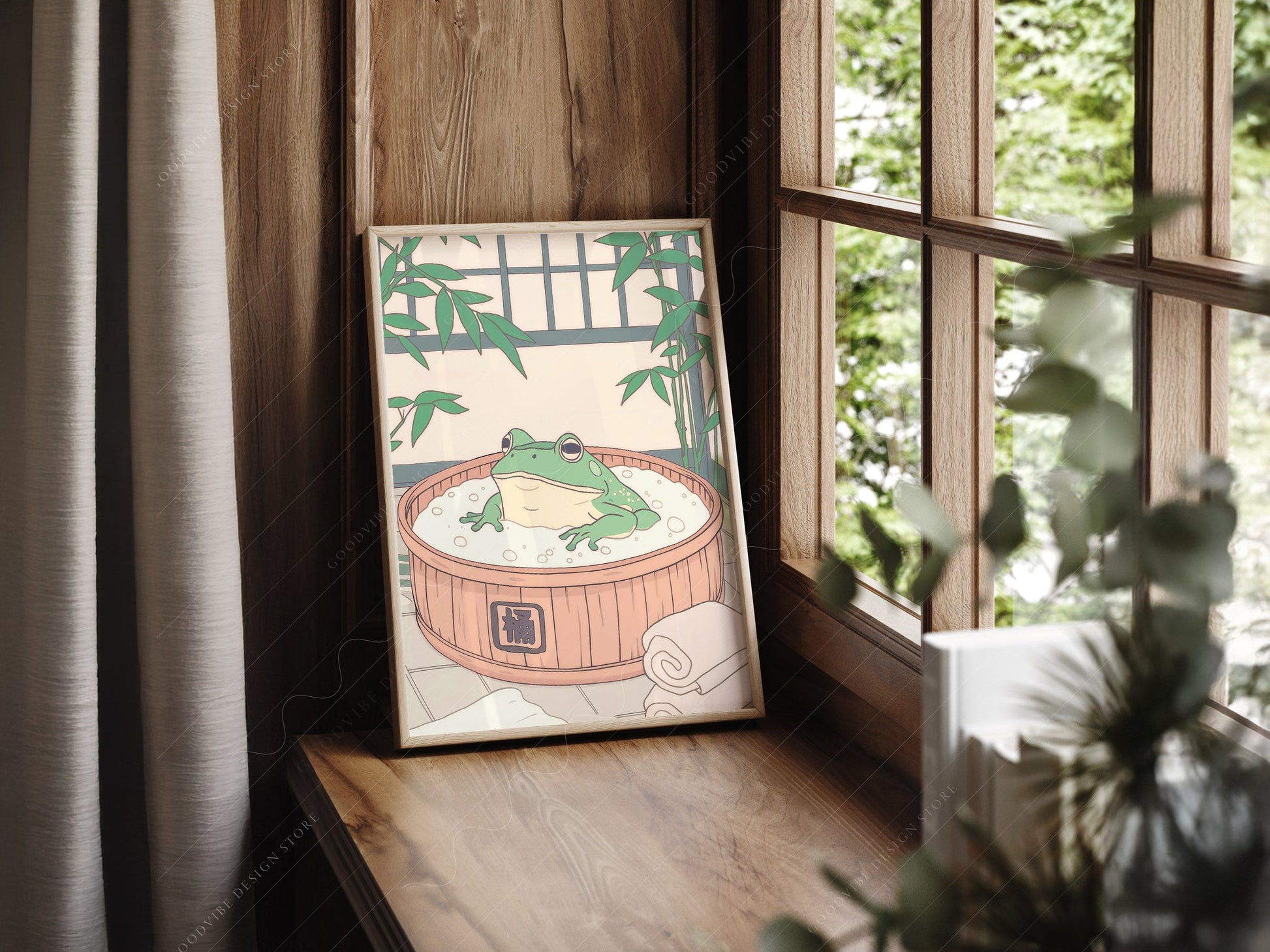 Japanese Frog in Wooden Tub Art Print – Zen Bathroom Wall Decor