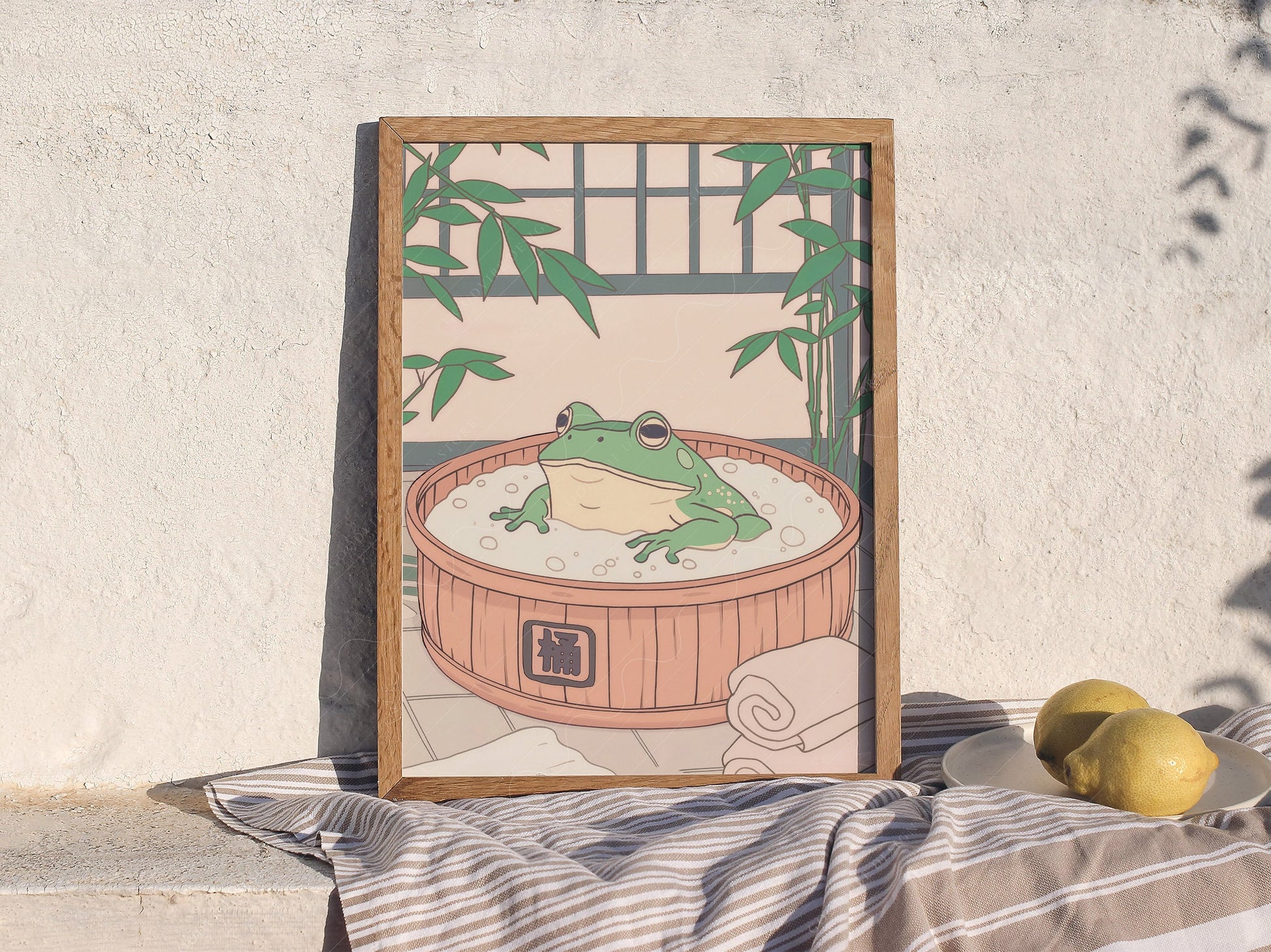 Japanese Frog in Wooden Tub Art Print – Zen Bathroom Wall Decor