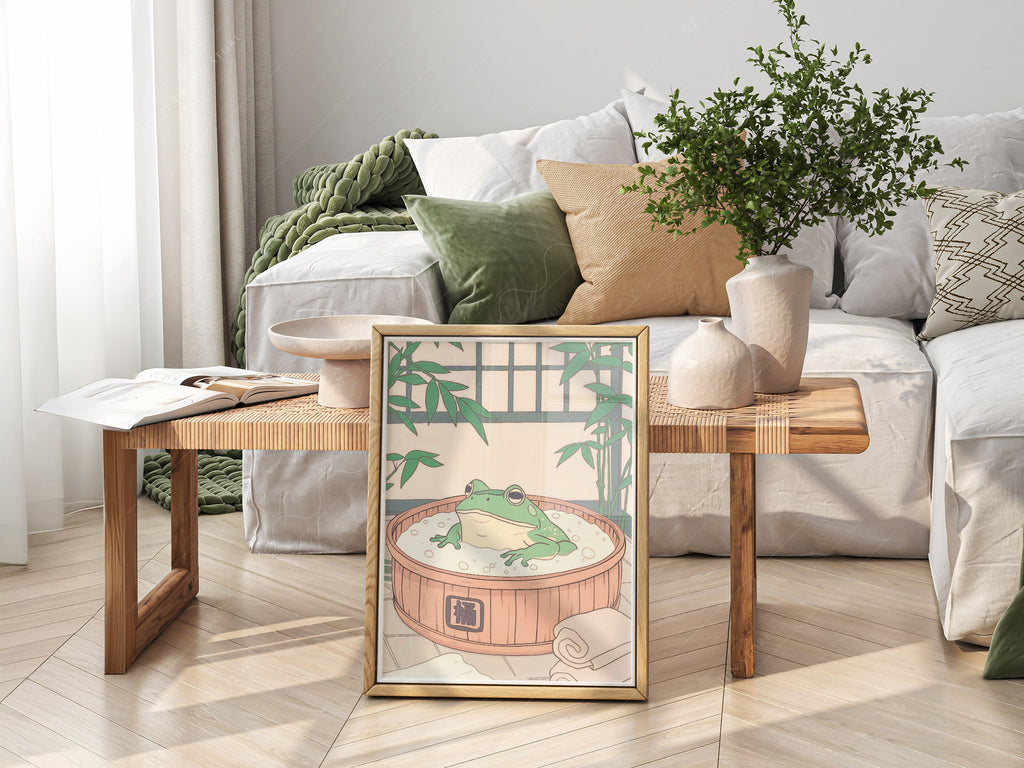 Japanese Frog in Wooden Tub Art Print – Zen Bathroom Wall Decor
