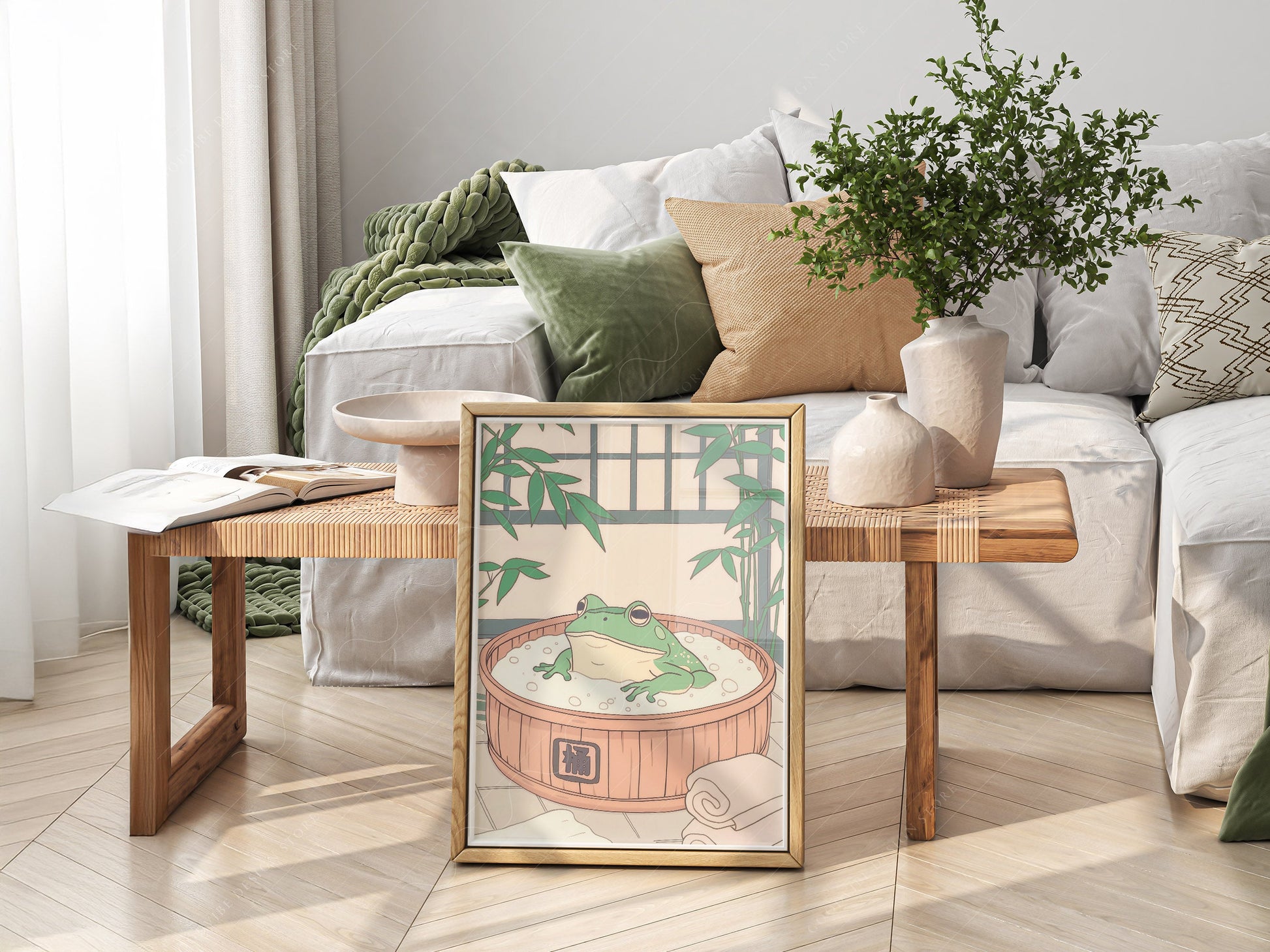 Japanese Frog in Wooden Tub Art Print – Zen Bathroom Wall Decor