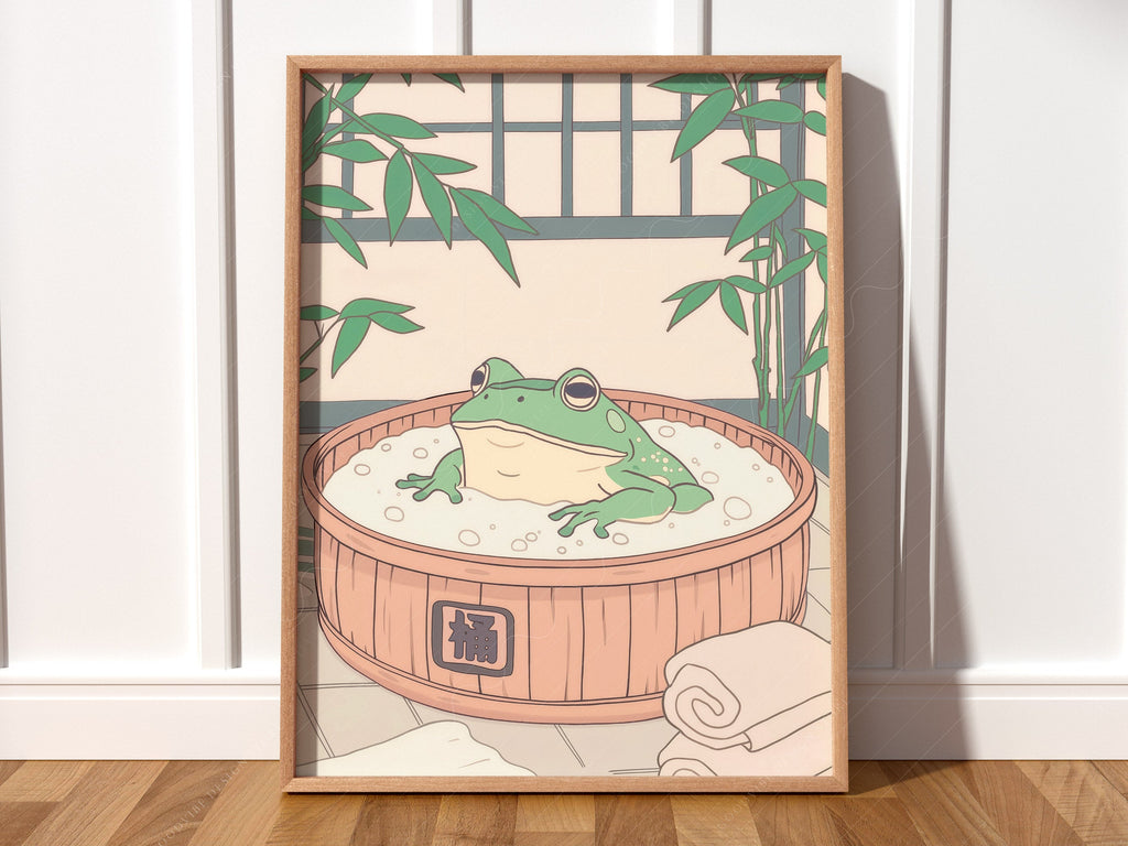 Japanese Frog in Wooden Tub Art Print – Zen Bathroom Wall Decor