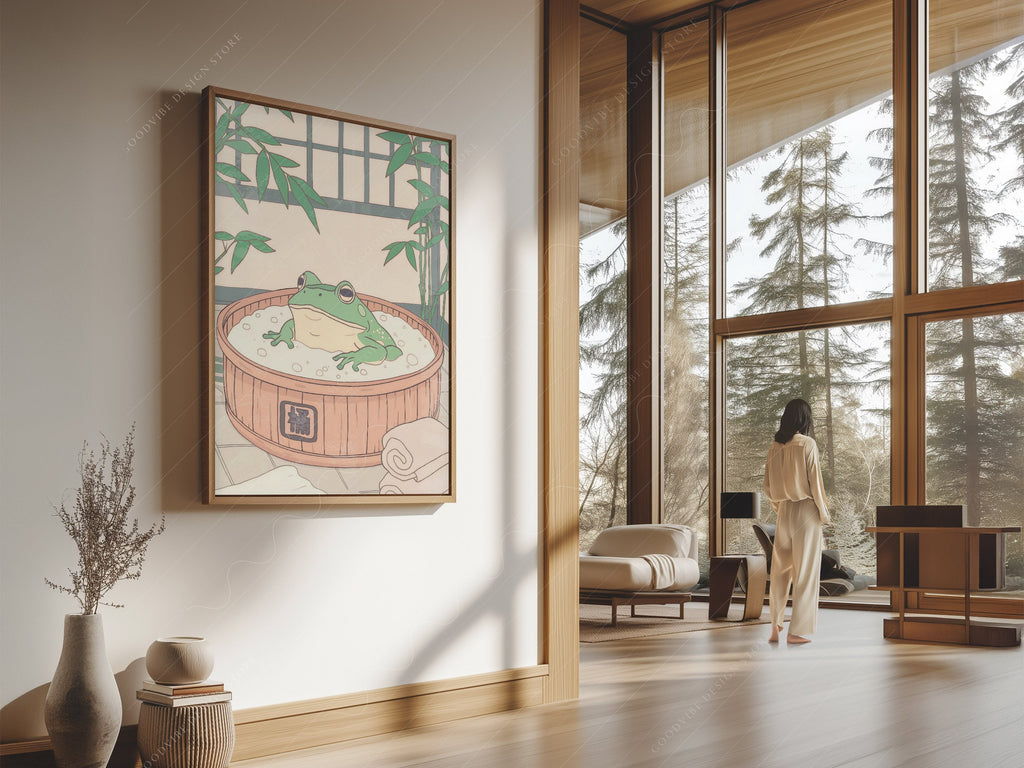 Japanese Frog in Wooden Tub Art Print – Zen Bathroom Wall Decor