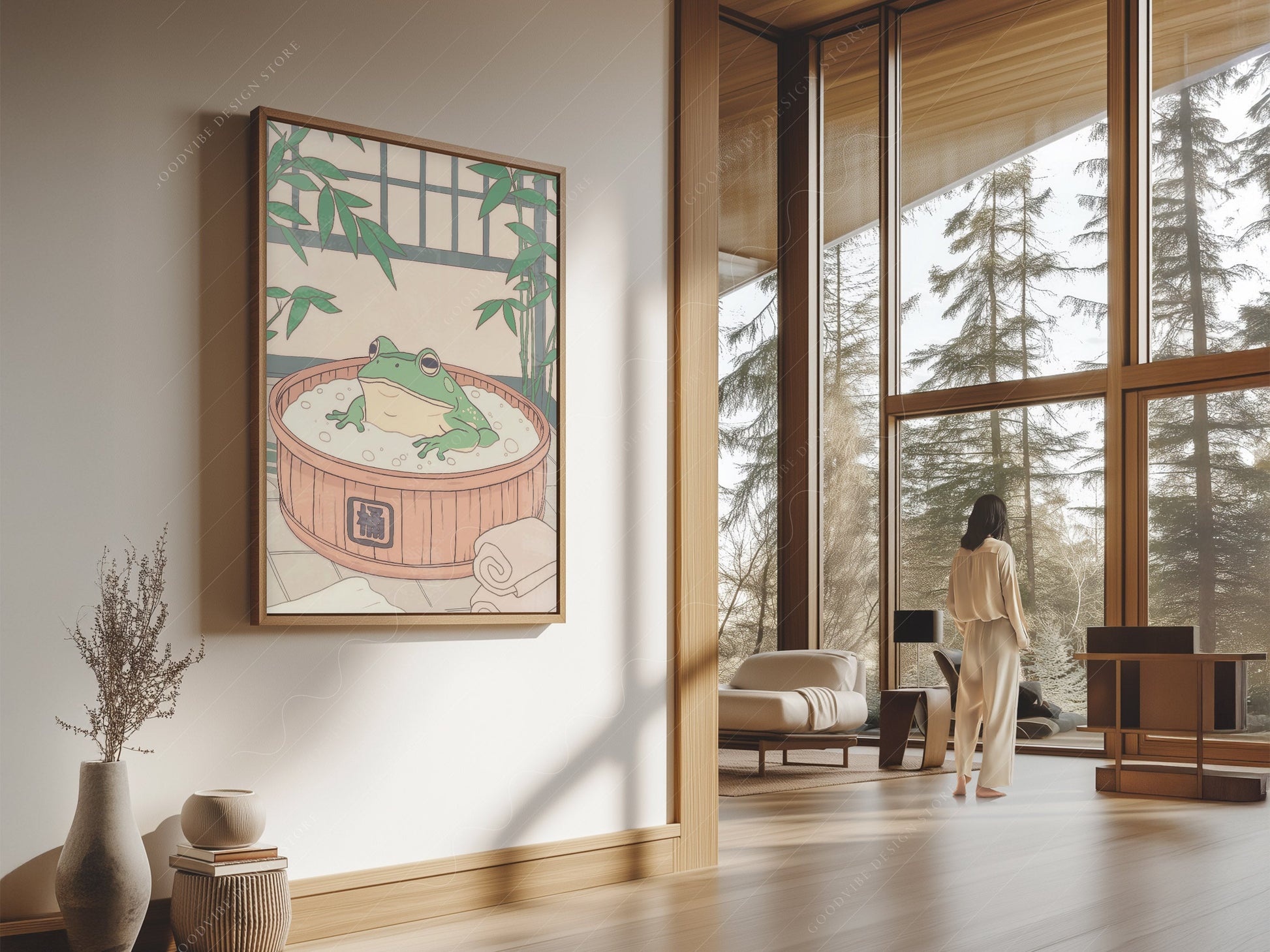 Japanese Frog in Wooden Tub Art Print – Zen Bathroom Wall Decor