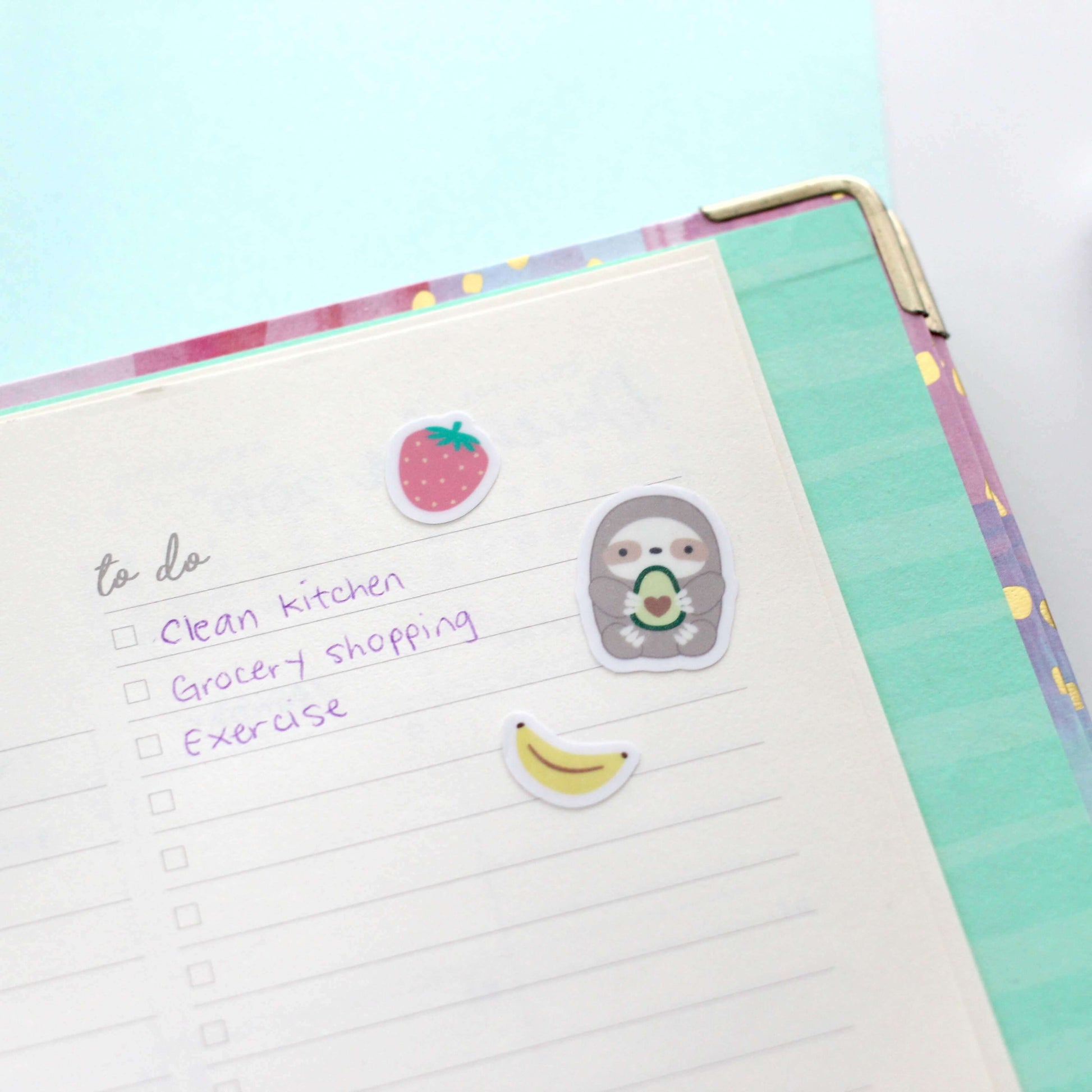 Fruit Sloth Vinyl Sticker Sheet - Pineapple, Strawberry, Avocado, Watermelon and Banana Sloth Planner Stickers