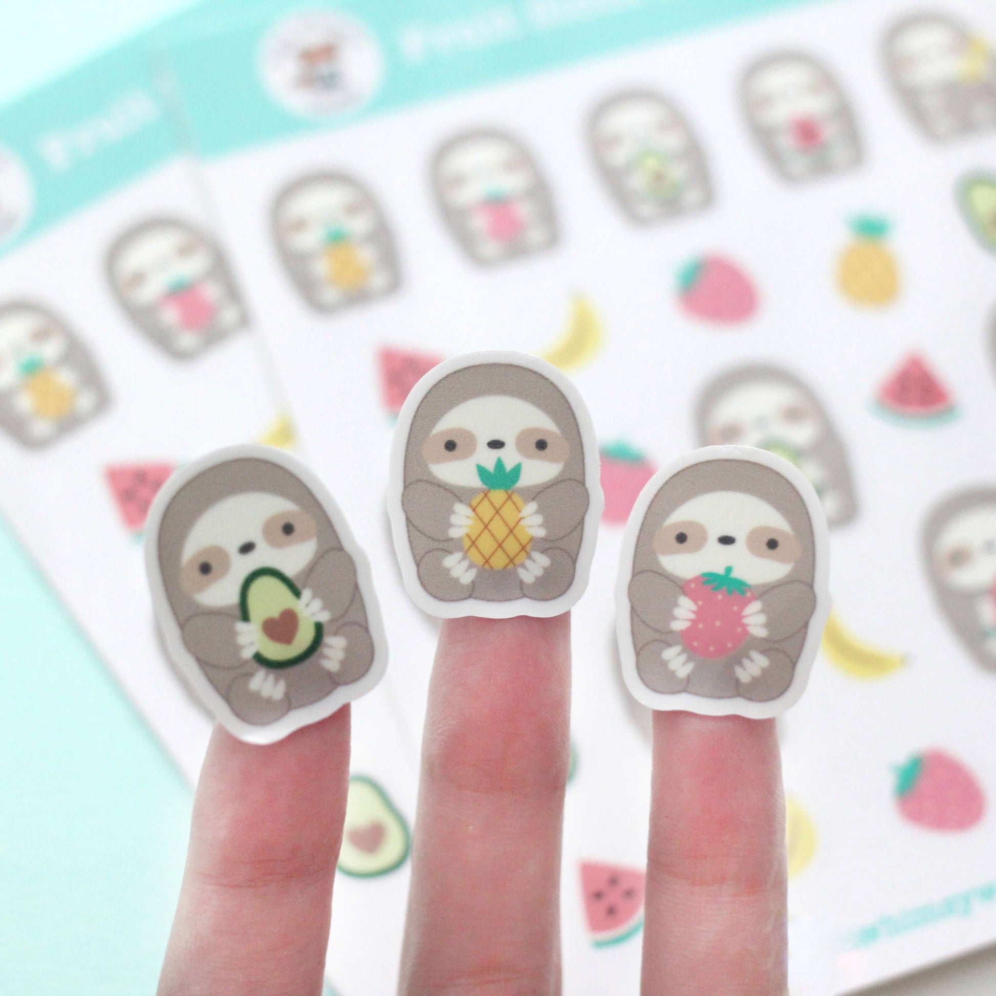 Fruit Sloth Vinyl Sticker Sheet - Pineapple, Strawberry, Avocado, Watermelon and Banana Sloth Planner Stickers