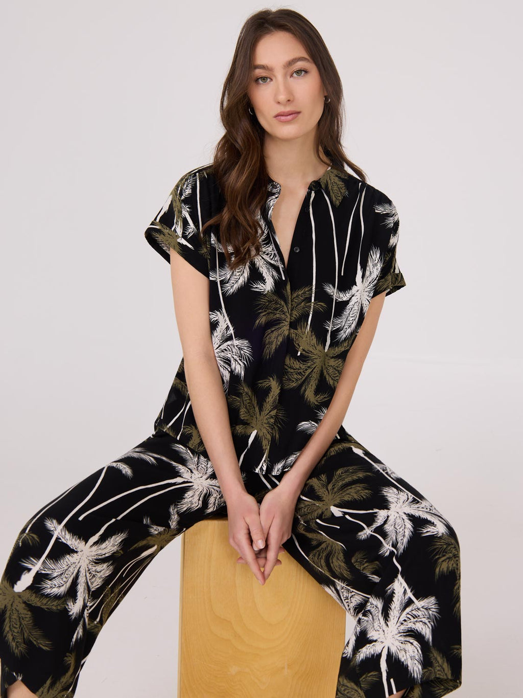 Palm Print Button-Front Bowling Shirt