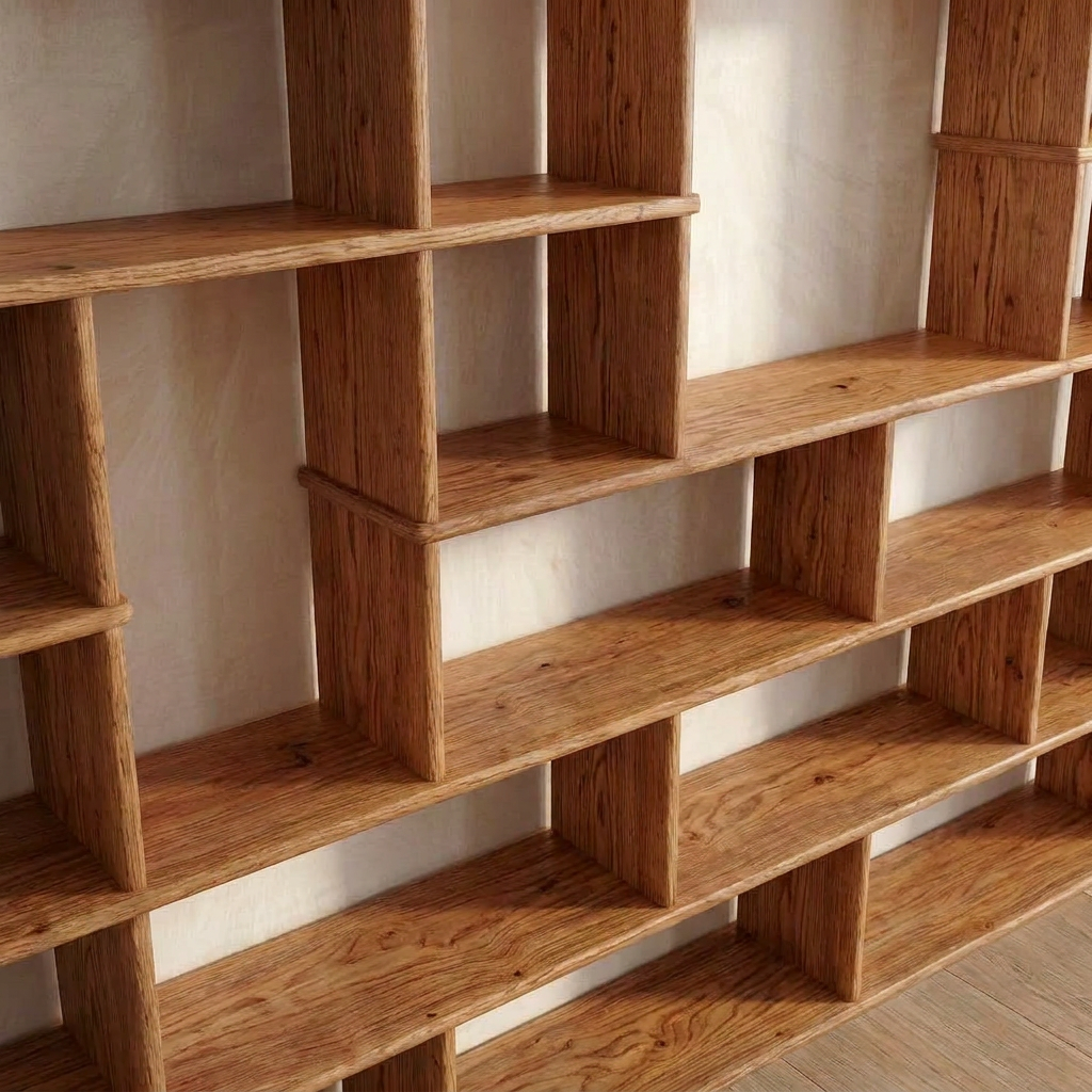 Large geometric bookcase in red oak