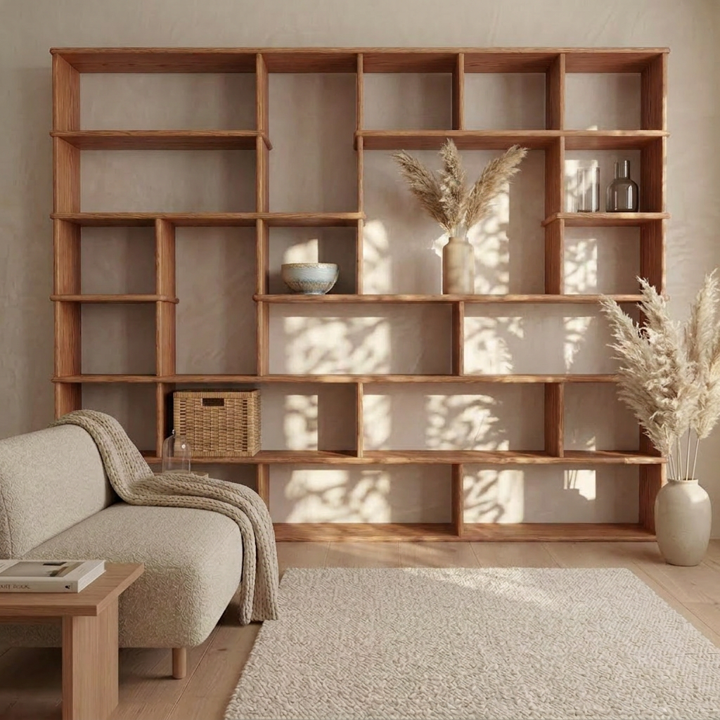 Large geometric bookcase in red oak