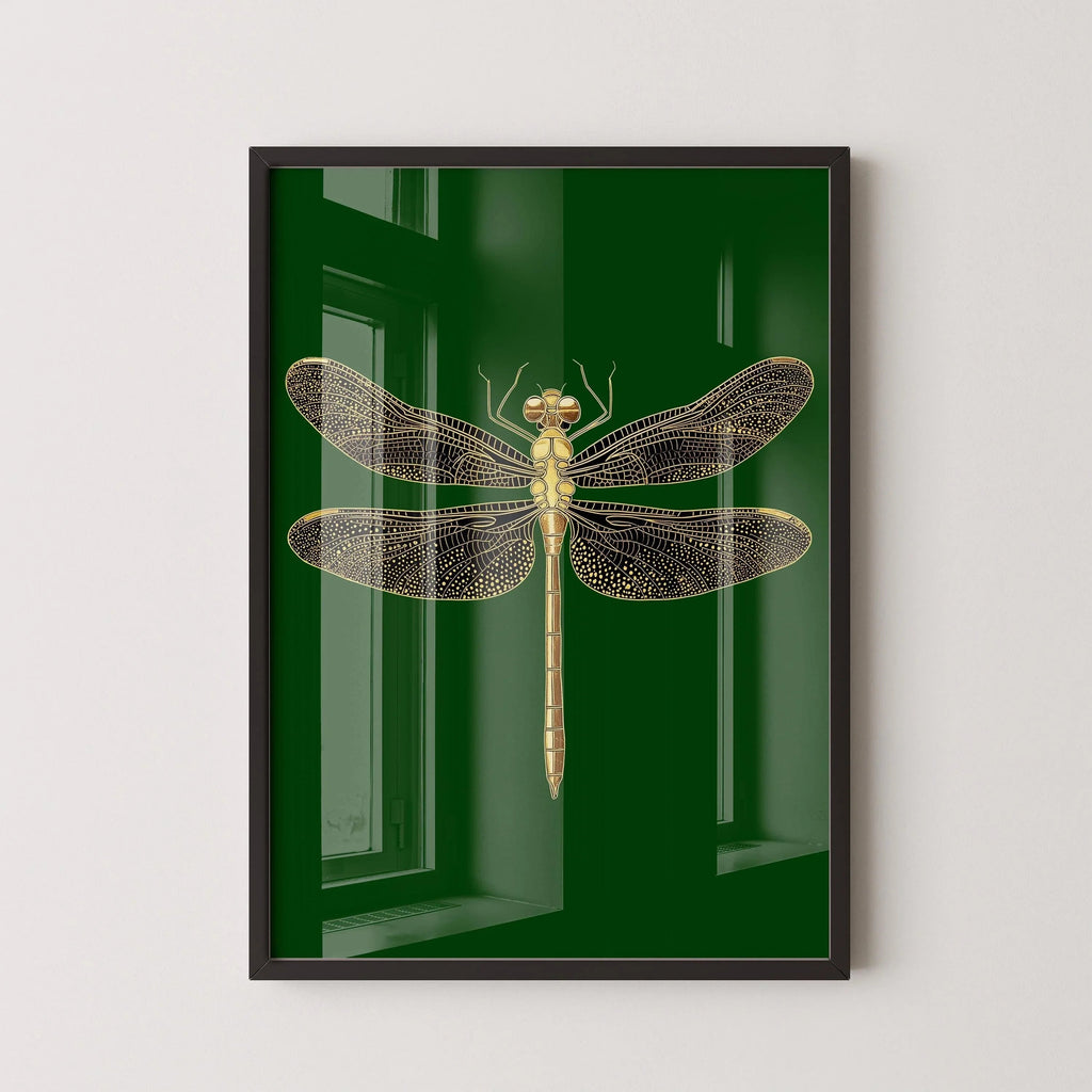 Estampe Libellule Dorée : Style Dark Academia Vert Émeraude